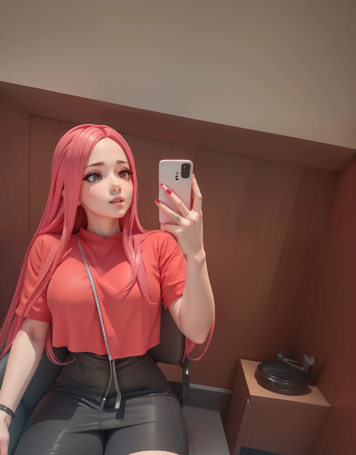 3d, ultra realista, estilo anime, cabelo rosa, boca com batom vermelho
