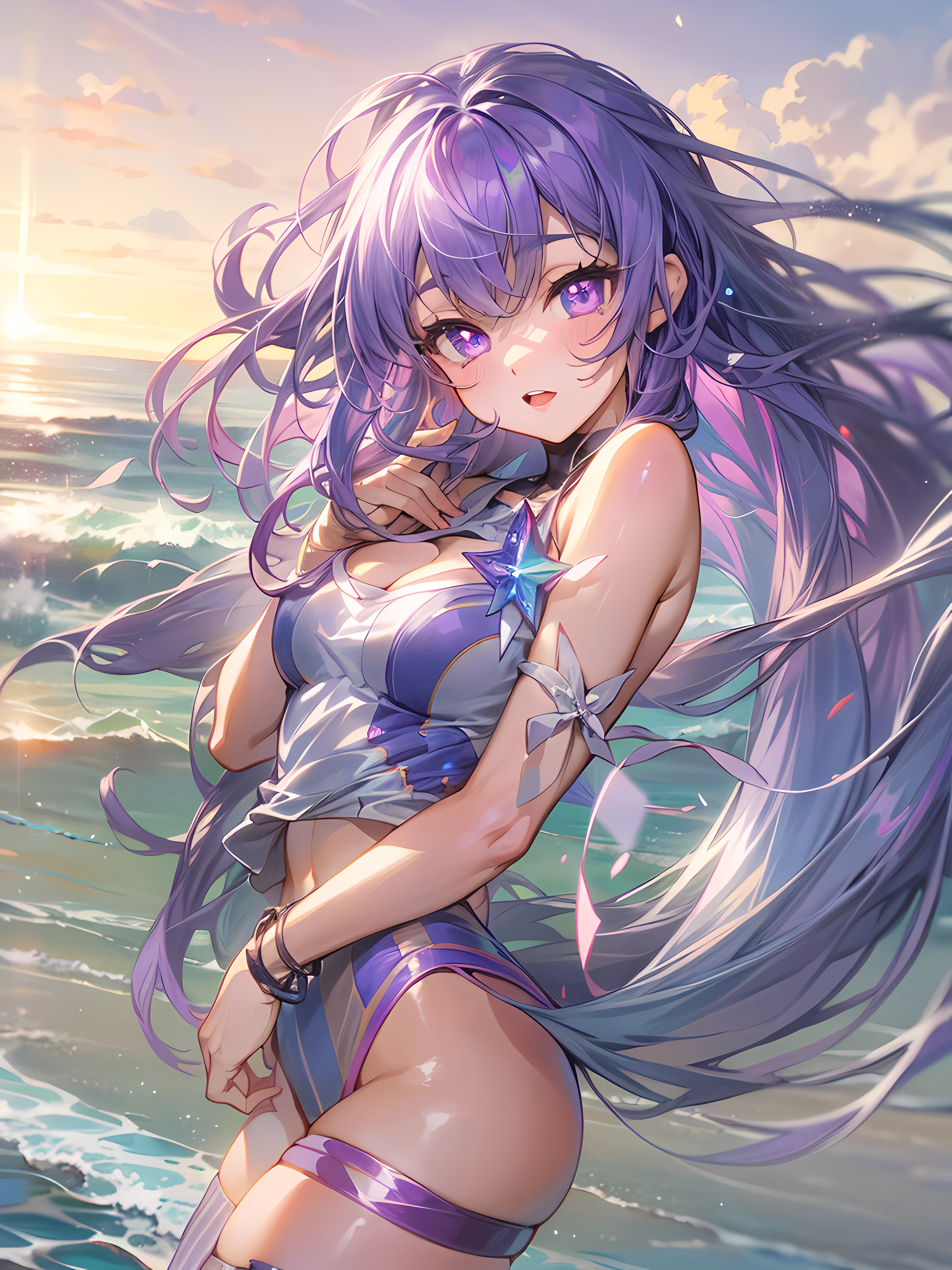 Ai Hoshino, Long hair, Purple hair, Striped hair ,Purple eyes, Star-shaped pupils, 1girll, full bodyesbian,Solo, Purple eye,Star eyes,Sparkling eyes,Shining eyes,Star-shaped pupils,Detailed eyes, white thighhighs, Purple colored hair,Blowing hair, looking a viewer, Breasts, full bodyesbian, Large breasts,Beautiful sunset sea, calm ocean waves, Sparkling waves, ((Big rainbow)), Colorful, A girl standing on the beach, Beautiful features, Shining eyes, Long black hair, Swaying in the wind, Dance like a dance, ((Masterpiece)), ((Highest quality 16k)), ((detailed and delicate)), ((Photorealistic)), ((Fantastic background)),