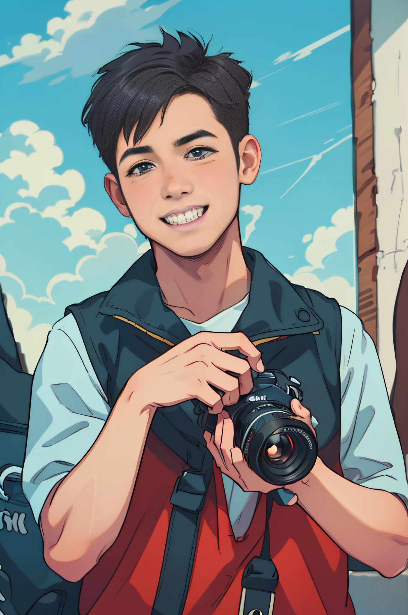 A boy holds a Canon camera。The boy smiled，No tooth leakage