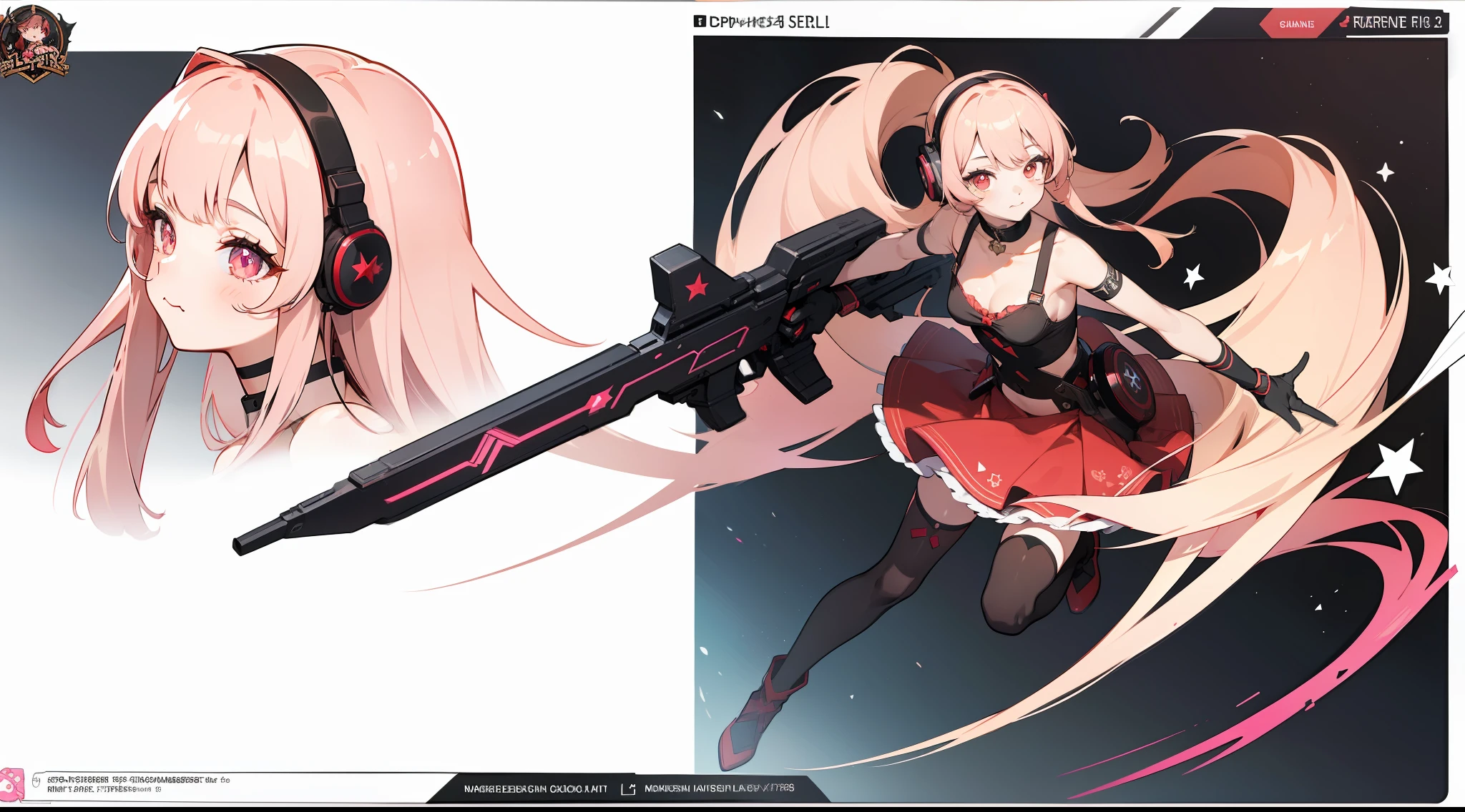 ((Masterpiece, highest quality)), detailed face, character sheet, Full body, full of details, vtuber, highly detailed, depth, many parts, 1girl, girl in a skirt and headphones, :3, long hair, bangs, gradient hair, brown hair with pink tips, black bra, red skirt, gloves, stockings, black choker, red eyes, star (symbol), symbol-shaped pupils