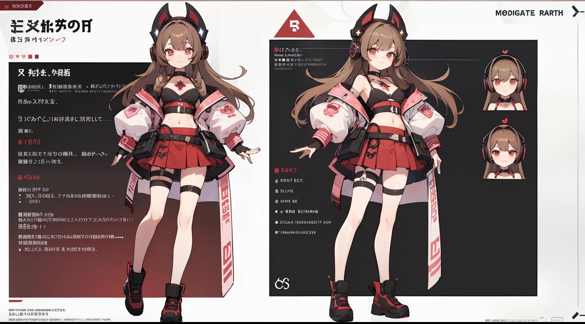 ((Masterpiece, highest quality)), detailed face, character sheet, Full body, full of details, vtuber, highly detailed, depth, many parts, 1girl, girl in a skirt and headphones, :3, long hair, bangs, gradient hair, brown hair with pink tips, black bra, red skirt, gloves, stockings, black choker, red eyes, star (symbol), symbol-shaped pupils
