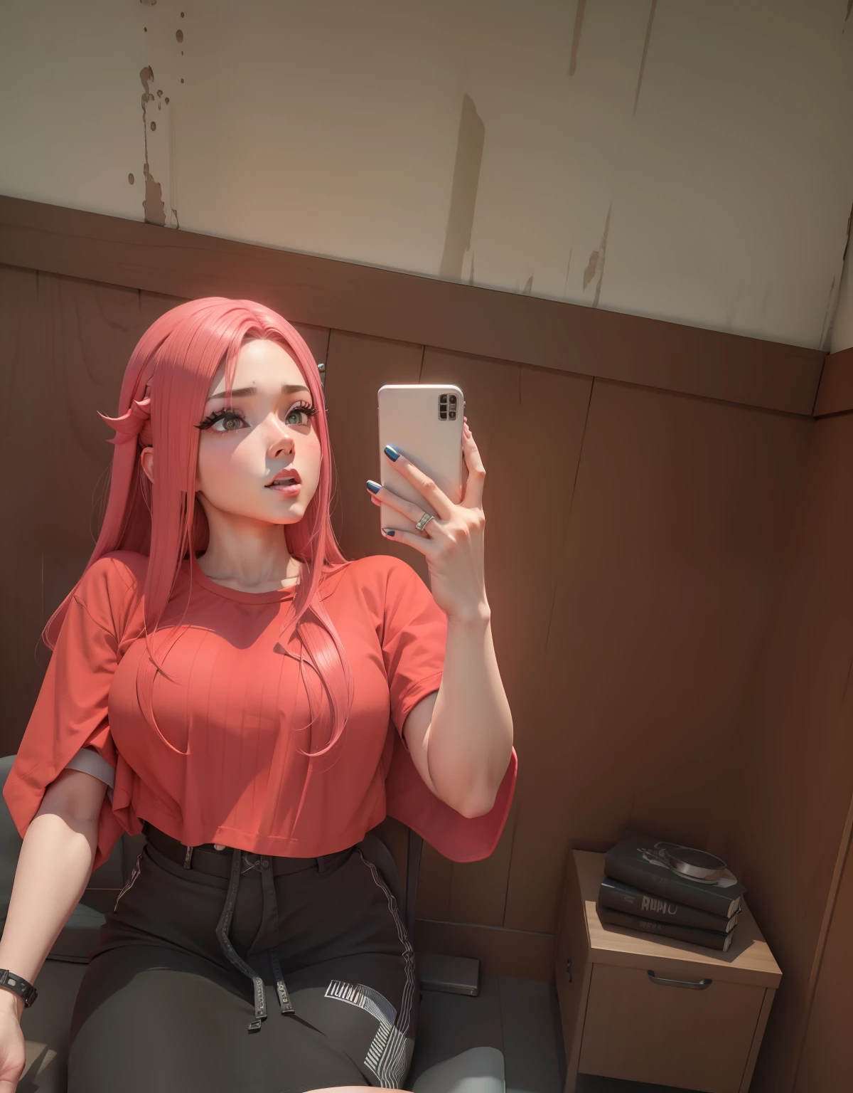 3d, ultra realista, estilo anime, cabelo rosa, boca com batom vermelho