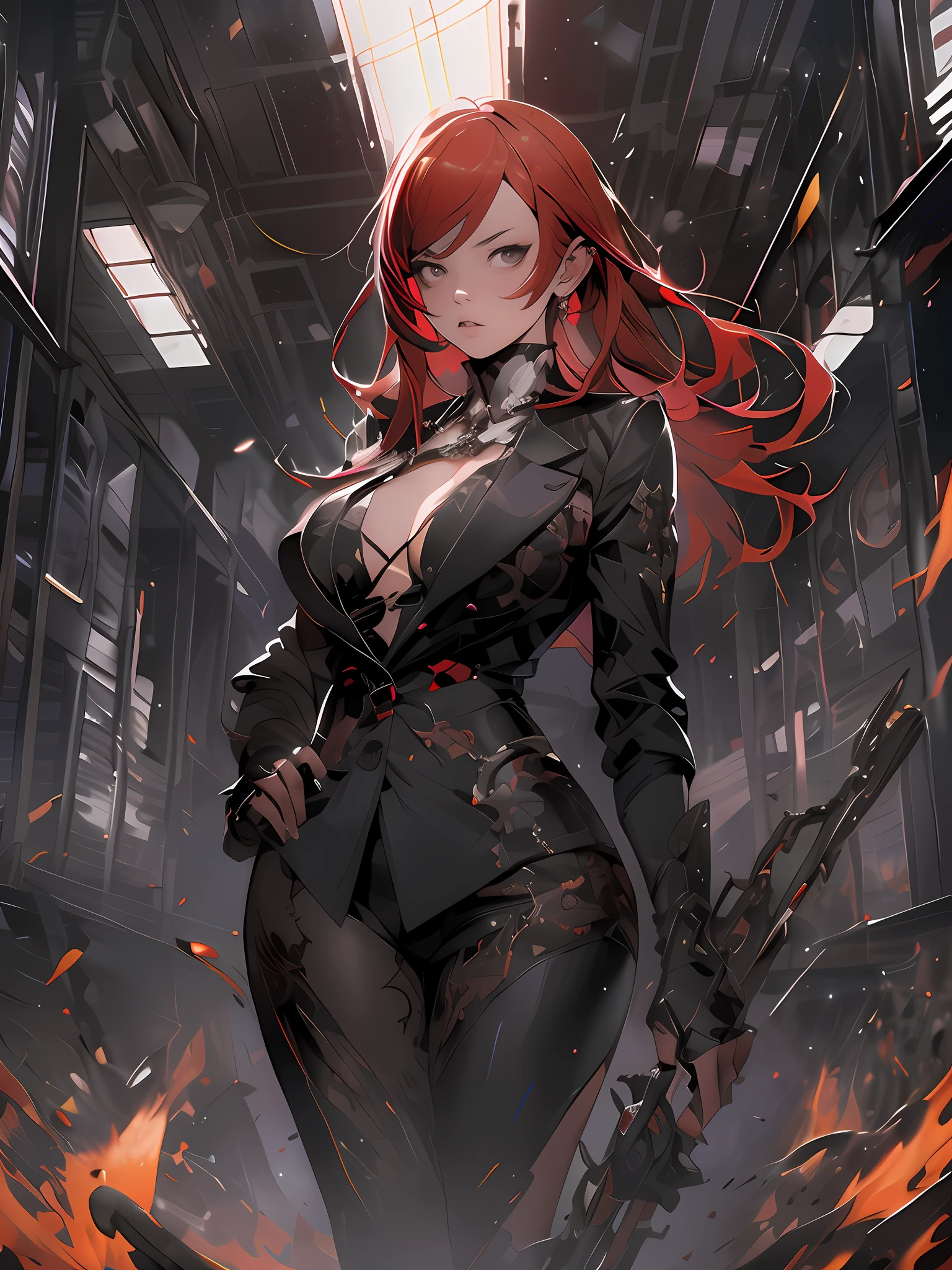 Best quality, Masterpiece,1 rapariga ,The upper part of the body，Brownish red hair，Black eyes，mistic，The expression was serious，Cold and glamorous，Detailed face, Beautiful eyes，murderess，Killer class set，Bigboobs，cleavage，nabel，Black smoke