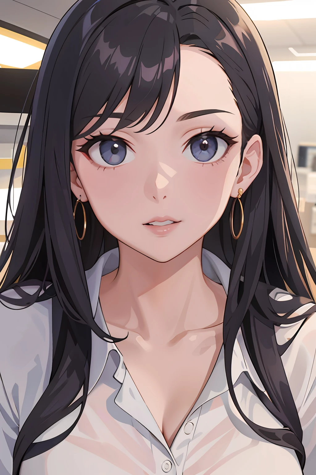 "Woman's Portrait, Front Gaze, Close-Up: Resembling Gina Valentina, Small Bust, Wears Modern Office Casual Wear in a Professional TV Studio Setting."