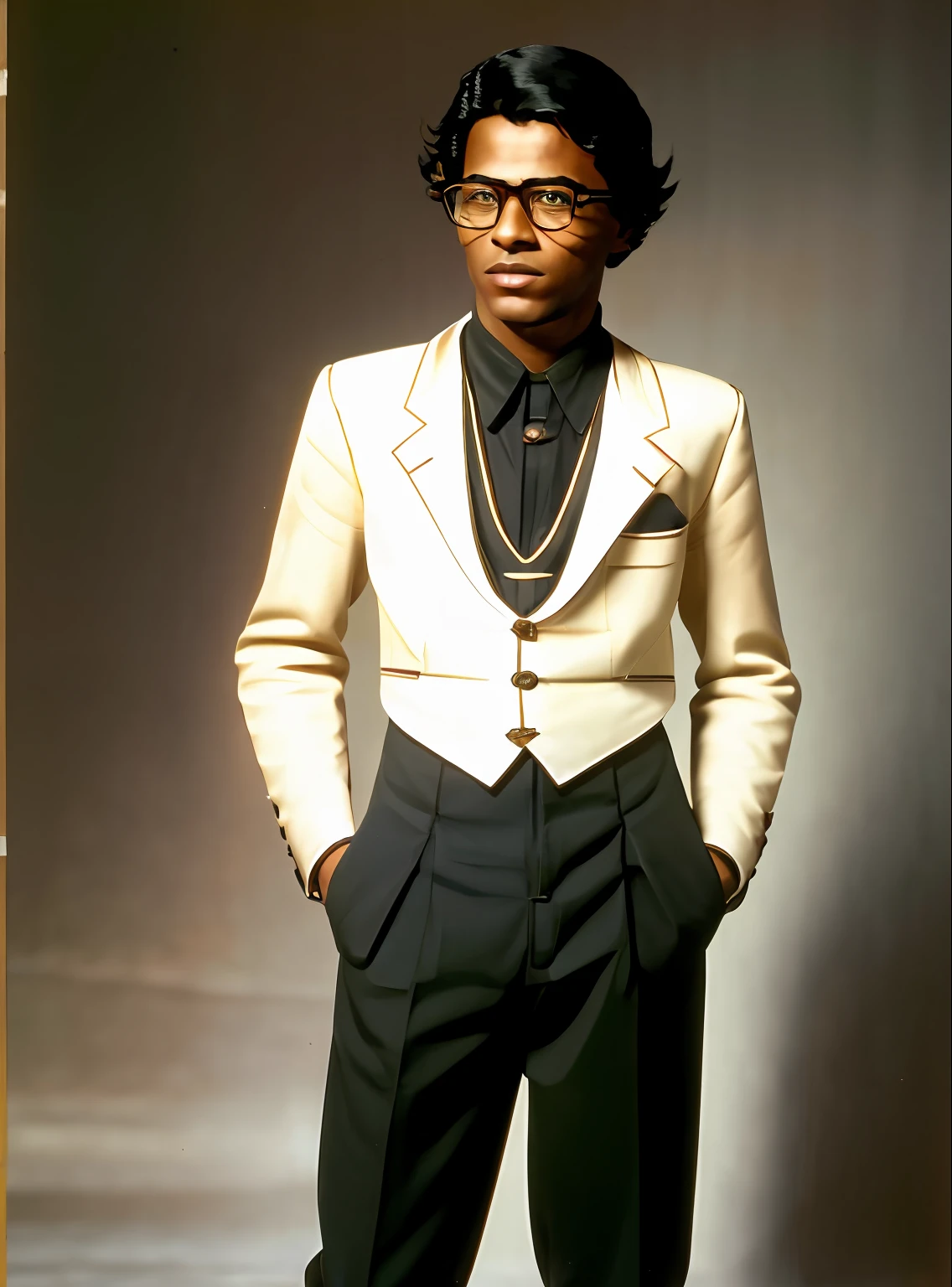 homem negro, adolescente, Elegant young man wearing glasses, with your hands in your pockets, cabelo crespo, pinga todo preto