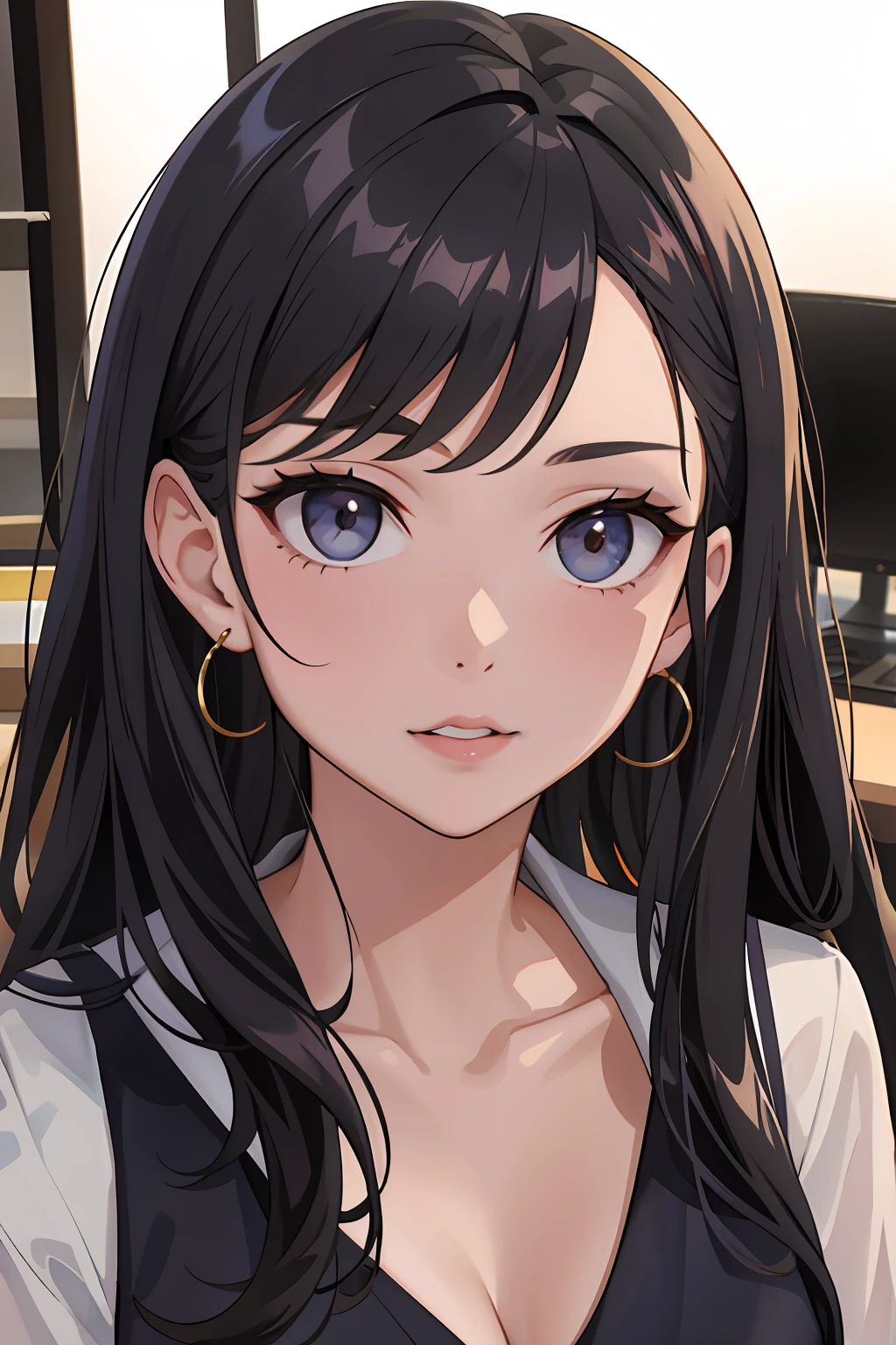 "Woman's Portrait, Front Gaze, Close-Up: Resembling Gina Valentina, Small Bust, Wears Modern Office Casual Wear in a Professional TV Studio Setting."