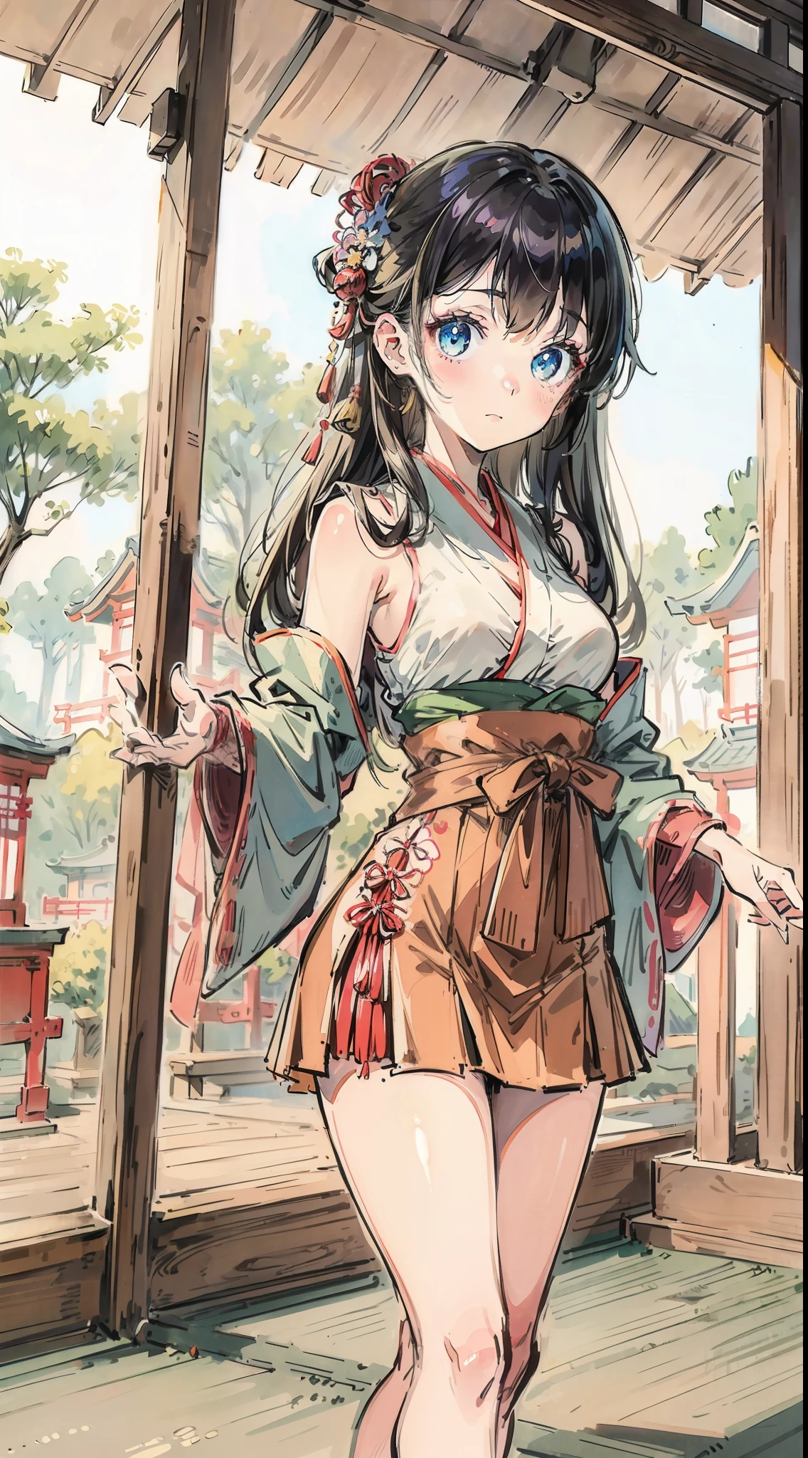 top-quality、Masterpiece、1girl in、Cute anime illustration、Japan traditional costumes、a miniskirt、shrines、