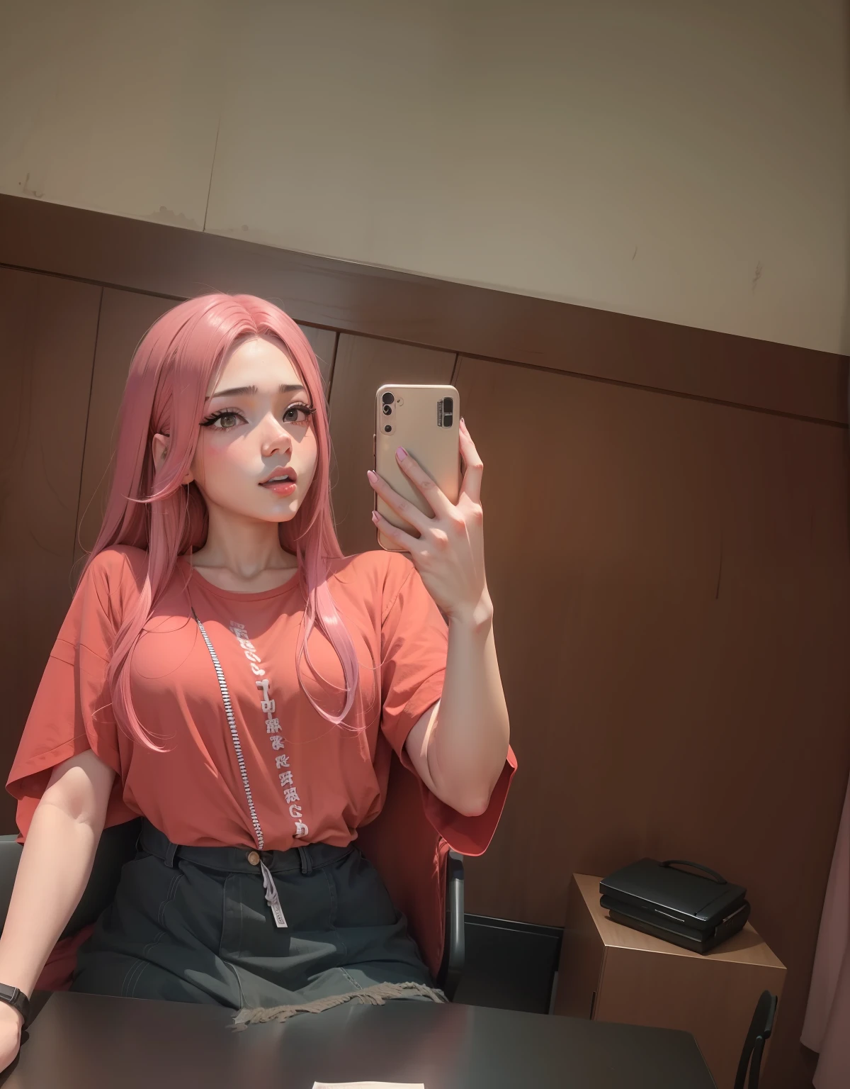 2d, estilo anime, cabelo rosa, boca com batom vermelho