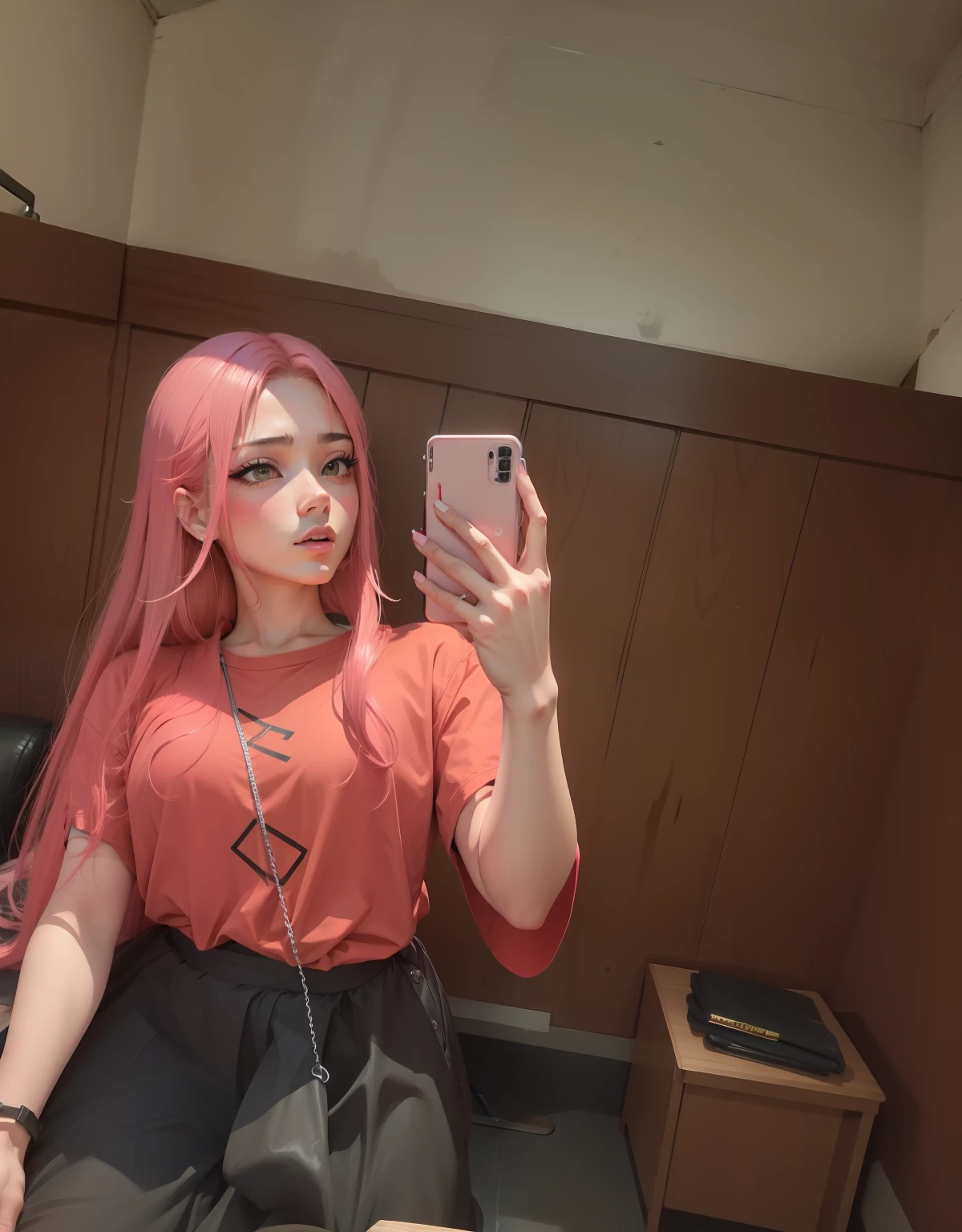 2d, estilo anime, cabelo rosa, boca com batom vermelho