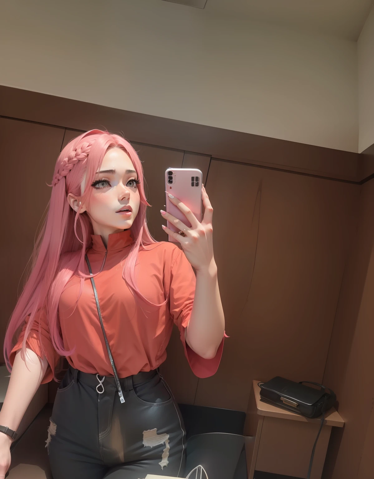 2d, estilo anime, cabelo rosa, boca com batom vermelho