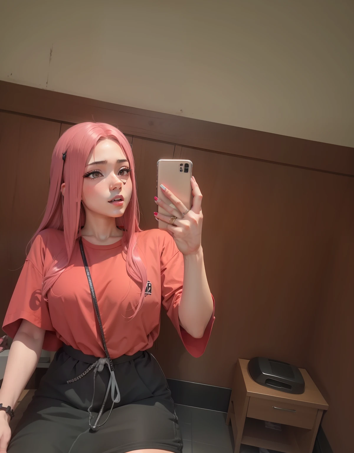2d, estilo anime, cabelo rosa, boca com batom vermelho