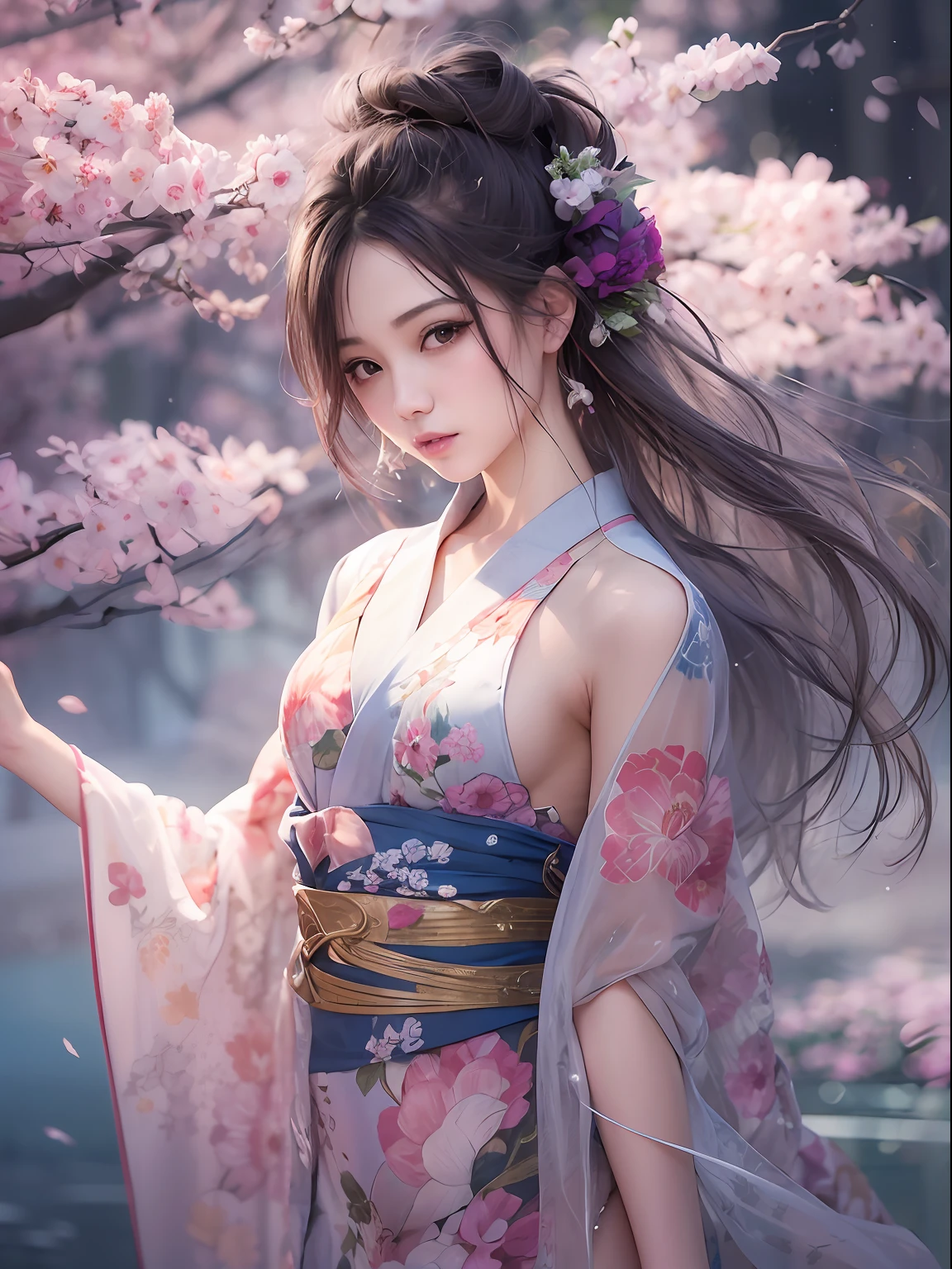 loose outfit、Show shoulders、How to wear a broken see-through kimono、Decorated with intricate patterns and bright colors、Transparent material that makes the skin shine、Artistic depiction of seductive woman in kimono with wet thin cloth and transparent skin, Floral and fantastic pattern with flowing silky traditional see-through skin。Her dress draped elegantly around her curvaceous figure、Emphasizes her charming silhouette。She's a gentle fireworks night、Dynamic Posing、y Posing、bathed in the soft glow of moonlight。The scene is、With a hint of mystery and sensuality、It exudes an ethereal dreamy atmosphere。The image style is、It incorporates a blend of watercolor and digital illustration techniques.、It makes you feel delicate beauty and charm。Soft moonlit lighting、Cast gentle highlights and shadows on her mesmerizing features。Dynamic Posing、Bold poses、The hand is somewhere、see -through、show through、A sexet hair、Wet、cherry trees、flower petals、cherryblossom、The cherry tree、Sakura blizzard、buried、Transparent skin、Wet clothes、Chest Pulling、Translucent clothes、On the water、