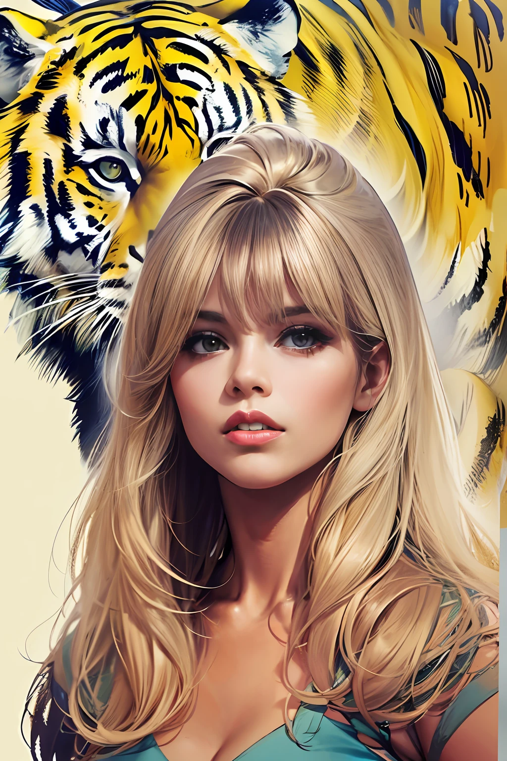 Une jeune Brigitte Bardot posant pres d'un enorme tigre, (chef-d'work, premier quality, beste-Qualit, art officiel, beautiful and aesthetic : 1.2), (1 fille), extremly detailed, (art fractal : 1.3), colourfull, Most Detailed