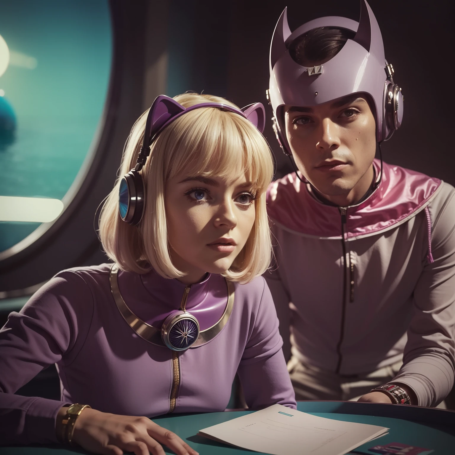 4k image from a 1960s science fiction film by Michael Gondry, pastels colors, Young people with animal mask and a mechanical pet in the pool with lilac colored water, Retro-futuristic fashion clothes from the 60s with alien ornaments, Luz Natural, Psicodelia, futurista estranho, retro-futurista, photo-realistic, Sharp background details.