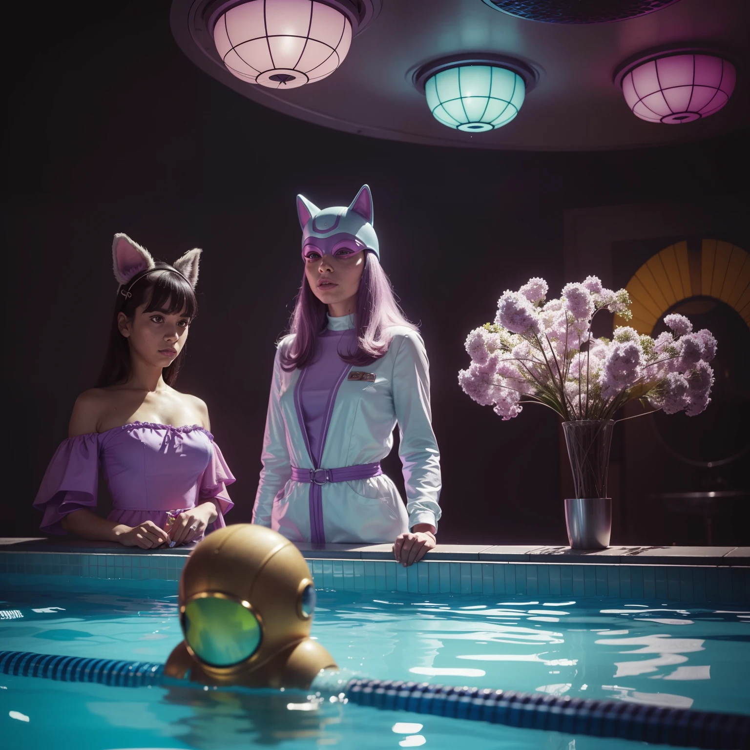 4k image from a 1960s science fiction film by Michael Gondry, pastels colors, Young people with animal mask and a mechanical pet in the pool with lilac colored water, Retro-futuristic fashion clothes from the 60s with alien ornaments, Luz Natural, Psicodelia, futurista estranho, retro-futurista, photo-realistic, Sharp background details.