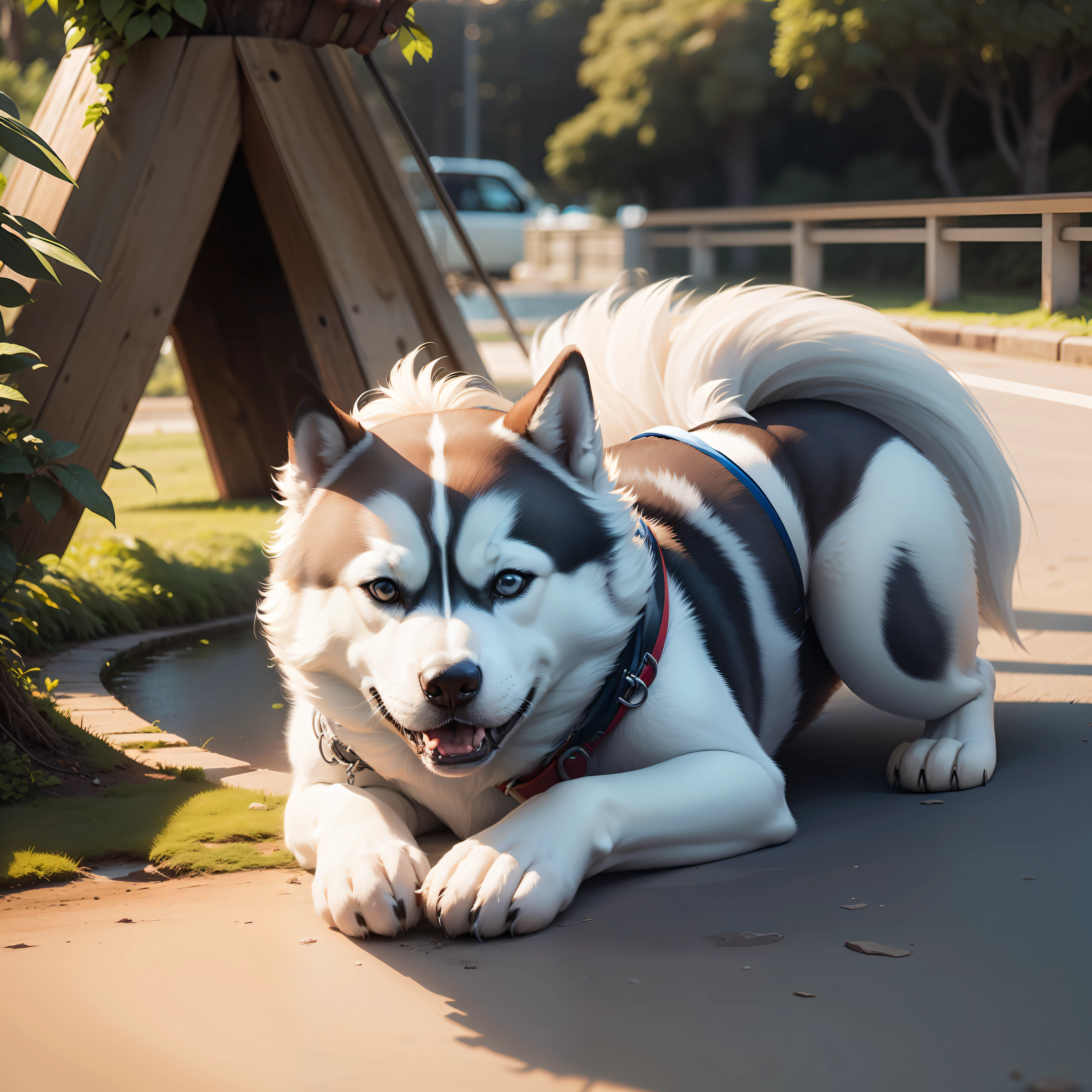 na parte apagada, coloque um cachorro realista, use the Siberian Husky breed as a model.