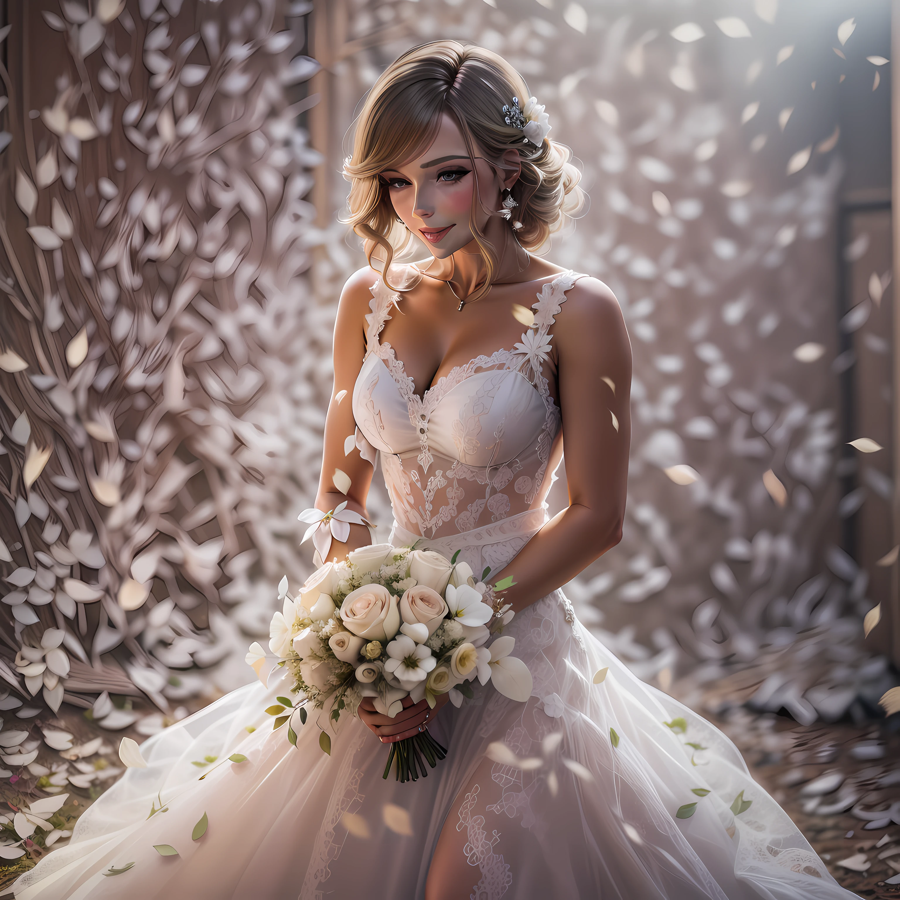 Milla Jovovichi, best quality, Retrato estilizado Cartunesco, (hiperdetalhe:1.15), (luz suave, perspicacity:1.2), vestida de noiva, bouquet in hand, confetes, alegria