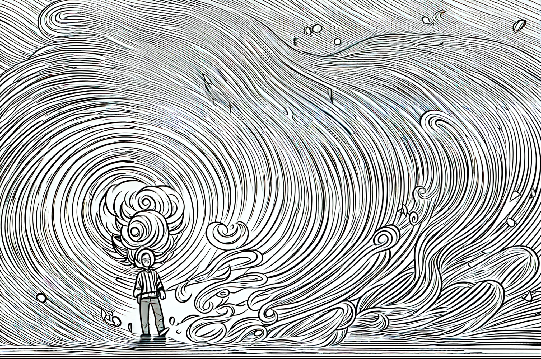 1 boy,With his eyes closed,long whitr hair,Floating hair,There is a solar disk behind him,floating in air,Line drawings,illustration