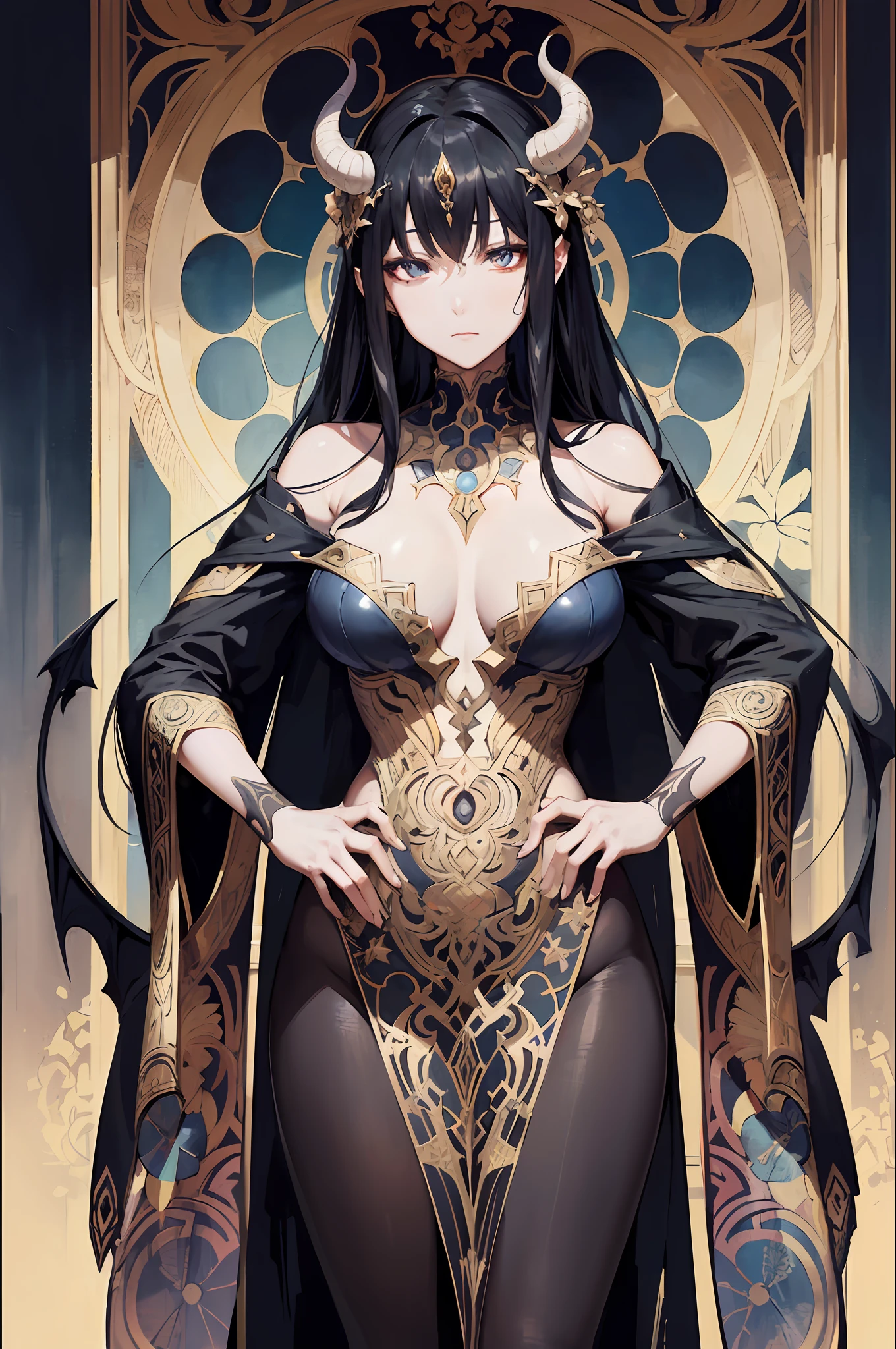 Portrait of a beauty demon、femele、Jet black hair color、Gargoyle frame、Decorative panel、abstract art、By Alphonse Mucha (masterpiece、top-quality、hight resolution: 1.4)、detaileds、intricate-detail、4K、color splashes、line-drawing、Fibonacci、