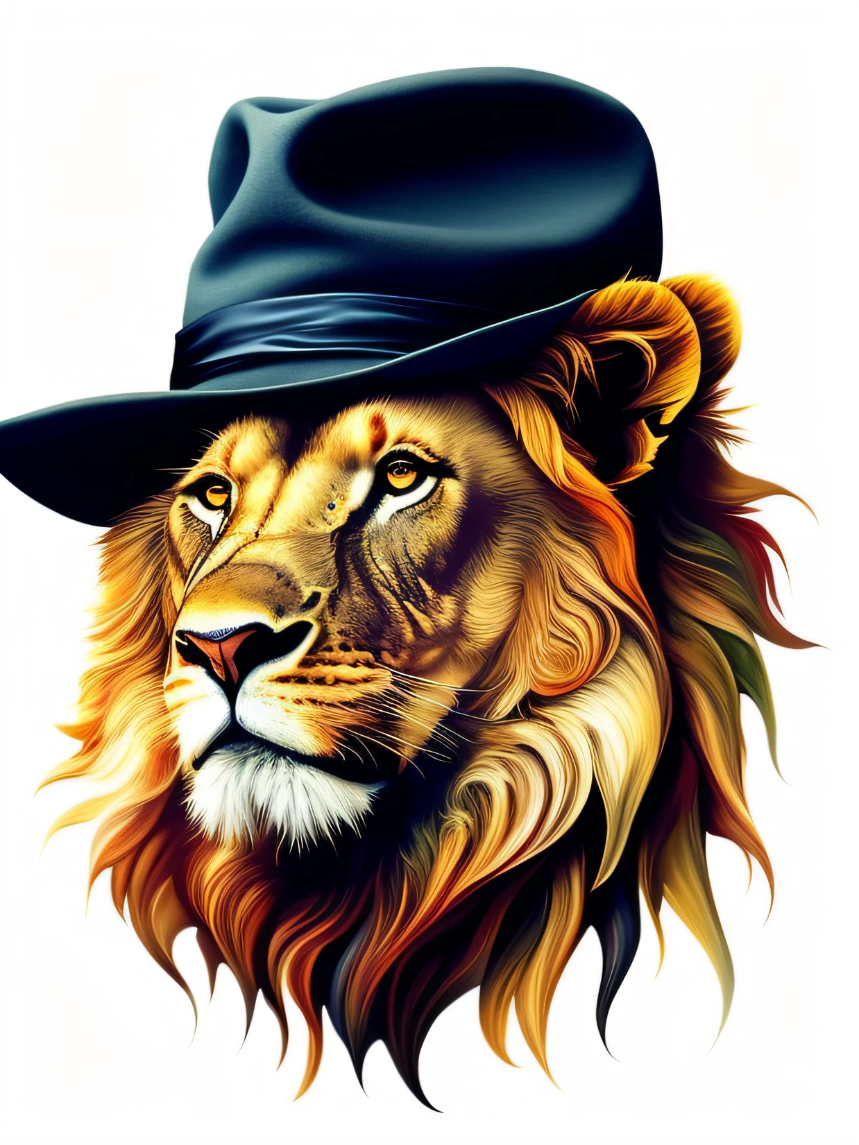 a closeup of a lion wearing a hat on a white background, half lion, 2 d full body lion, lion head, arte vetorial altamente detalhada, with the mane of a lion, lion mane, Lion, in illustration style digital, Mascot illustration, desenhado com photoshop, hd illustration, very detailed animal hat, Rei da selva, High quality illustration, amplier essa imagem