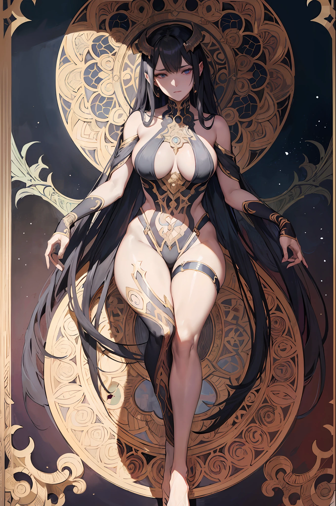 Portrait of a beauty demon、femele、Jet black hair color、Gargoyle frame、Decorative panel、abstract  art、By Alphonse Mucha (​masterpiece、top-quality、hight resolution: 1.4)、detaileds、intricate-detail、4K、color splashes、line-drawing、Fibonacci、