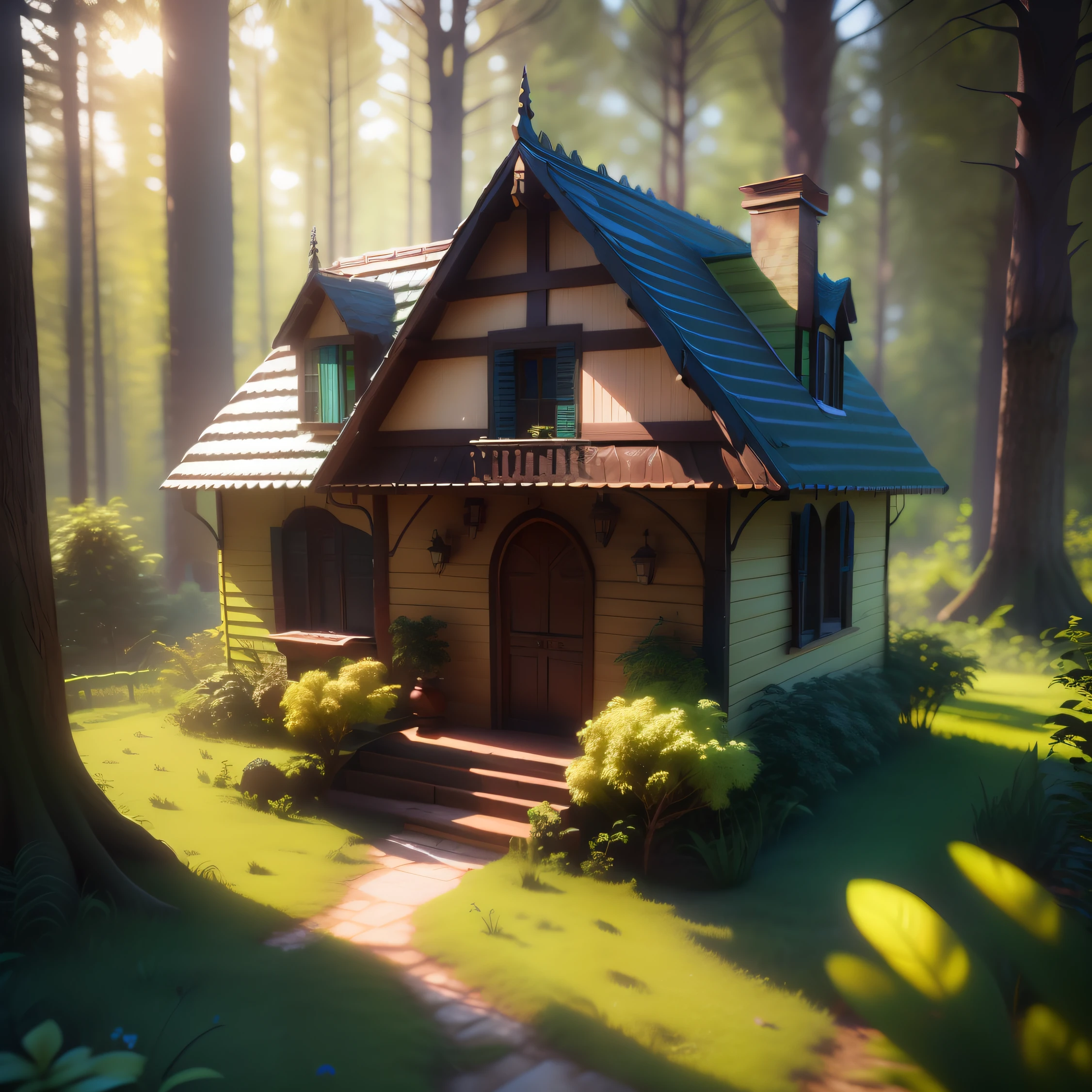 um close up de uma pequena casa no meio de uma floresta, 3d rendering stylized, 3 d render stylized, beautiful render of a fairytale, stylized as a 3d rendering, bonito 3 d render, rolands zilvinskis 3d render art, (octan render) estilo fantasia, 3 d stylize scene, Casa de bruxa na floresta