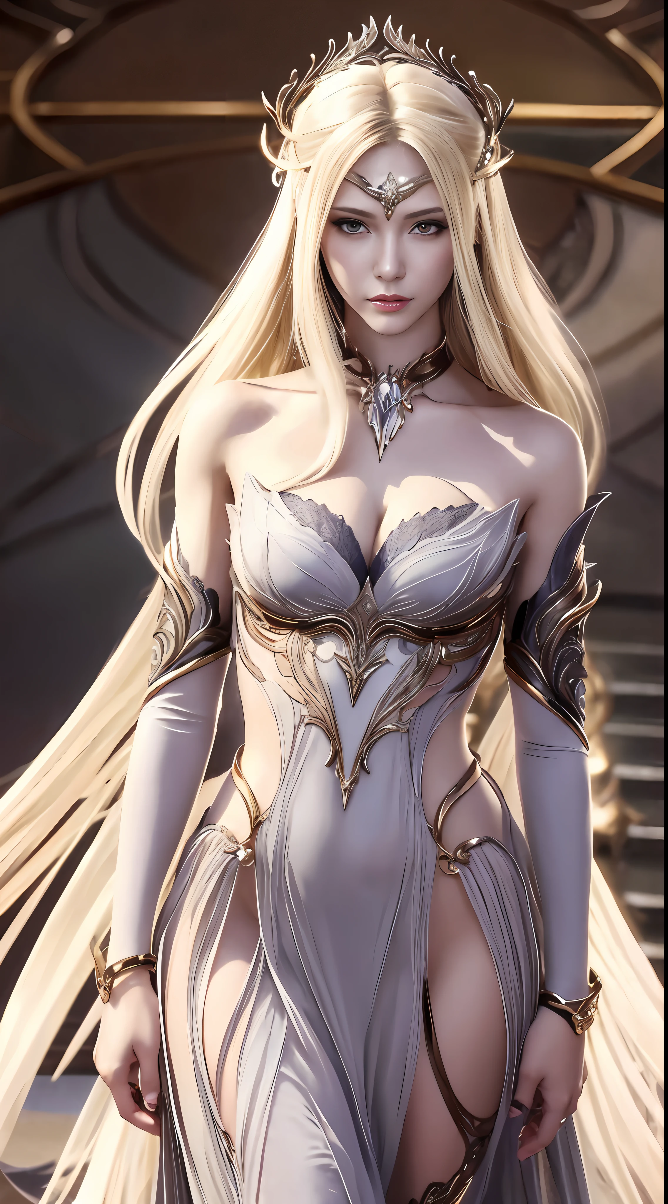 A woman who is,Long blonde shoulder-length hair flutters in the wind,Bare shoulders,Exquisite facial features,Soft face lines,with fair and smooth skin,Eyes are as bright as jewelry,Ruddy lips,Perfect figure,mediuml breasts,cleavage,Gold and silver line art,Gorgeous armor,Openwork design,耳Nipple Ring,choker necklace,Bracelet,Silver hair ornament,exteriors,standing on your feet,Look ahead,独奏,simplebackground,