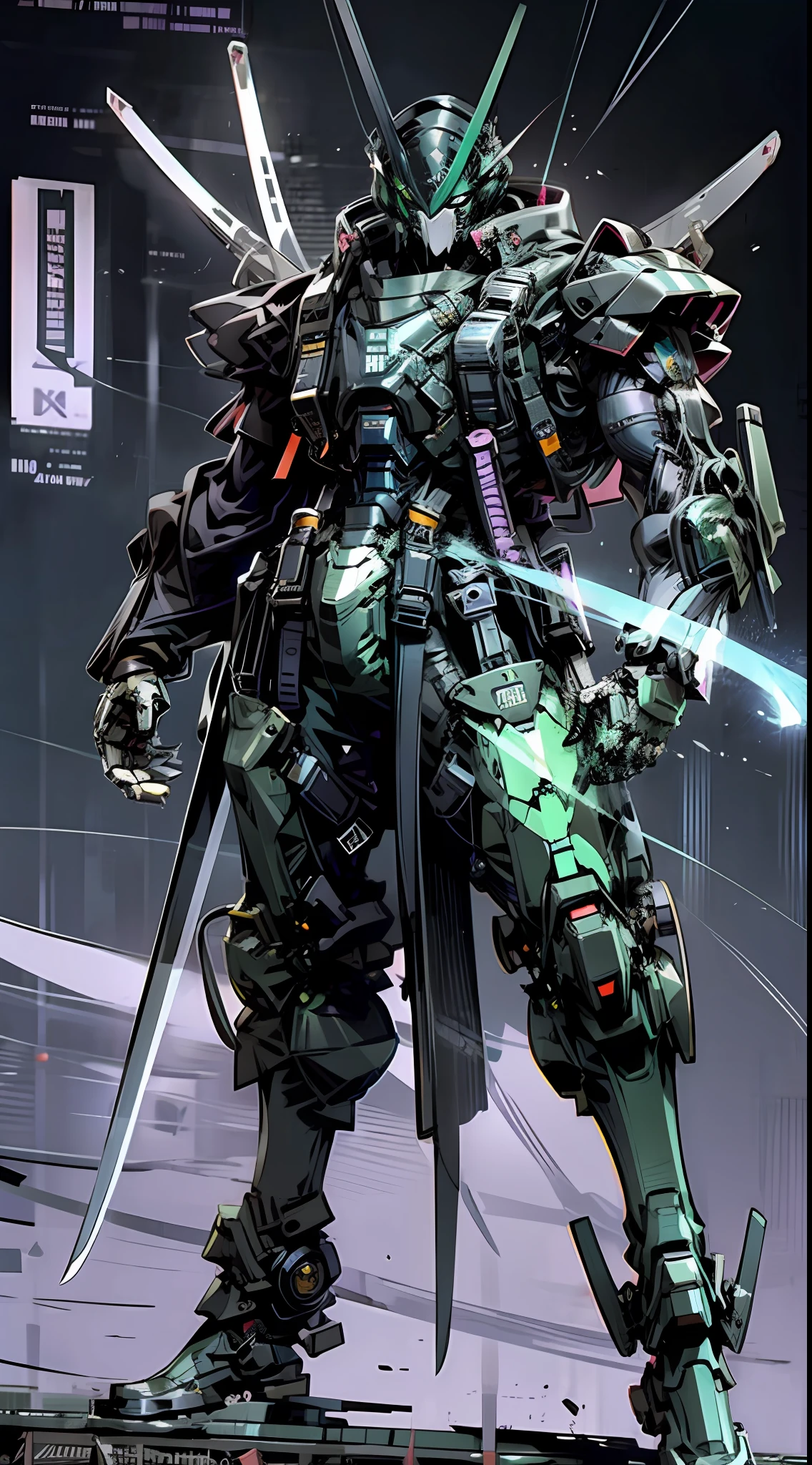 Raw foto,Dark_Fantasy, Cyberpunk, (Big Revolver, Sword Man, Violet: 1.1), 1man, Mechanical Wonder, Robotic Presence, Cybernetic Guardian, green, black, samurai Gundam, extremely high detailed, half-body, Kamen rider tycoon,