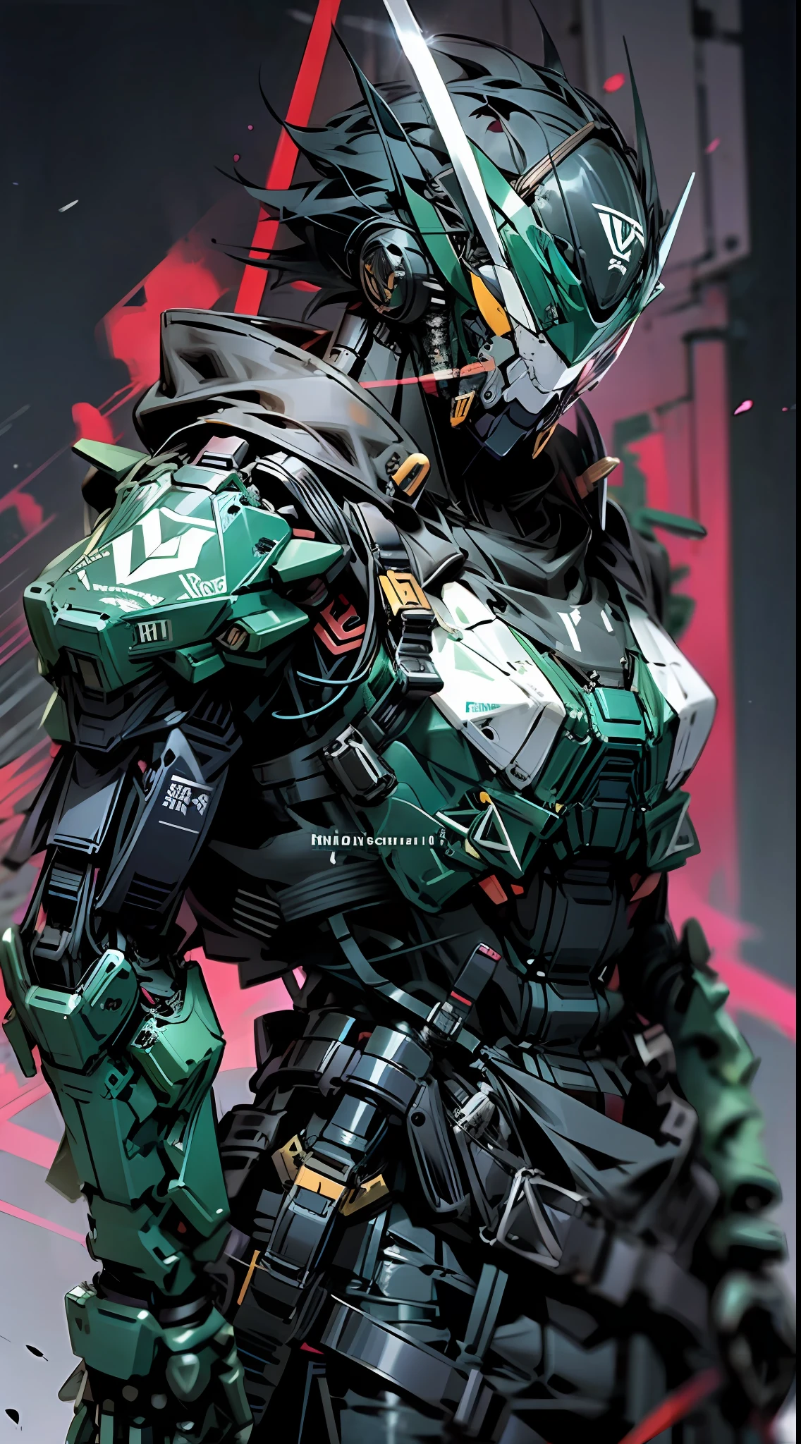 Raw foto,Dark_Fantasy, Cyberpunk, (Big Revolver, Sword Man, Violet: 1.1), 1man, Mechanical Wonder, Robotic Presence, Cybernetic Guardian, green, black, samurai Gundam, extremely high detailed, half-body, Kamen rider tycoon,