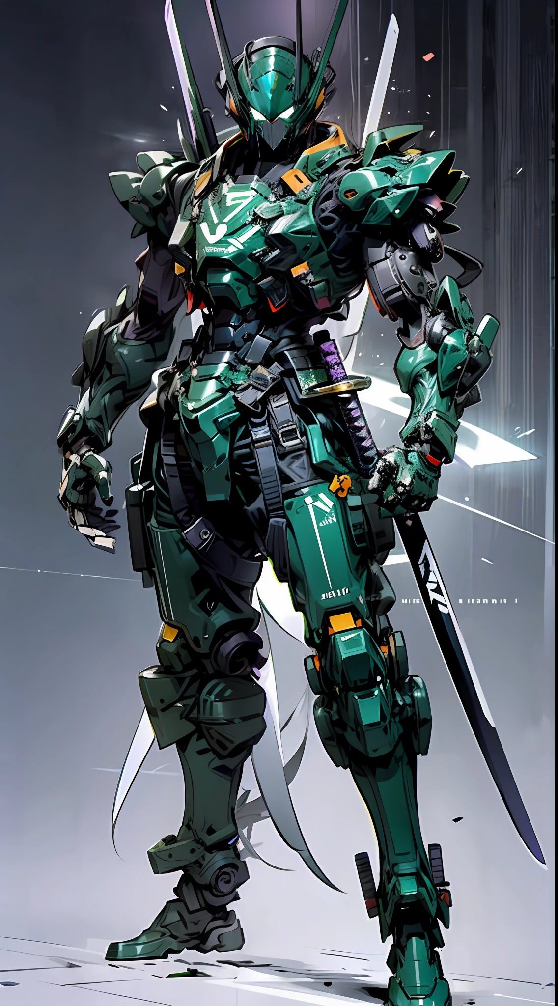 Raw foto,Dark_Fantasy, Cyberpunk, (Big Revolver, Sword Man, Violet: 1.1), 1man, Mechanical Wonder, Robotic Presence, Cybernetic Guardian, green, black, samurai Gundam, extremely high detailed, half-body, Kamen rider tycoon,