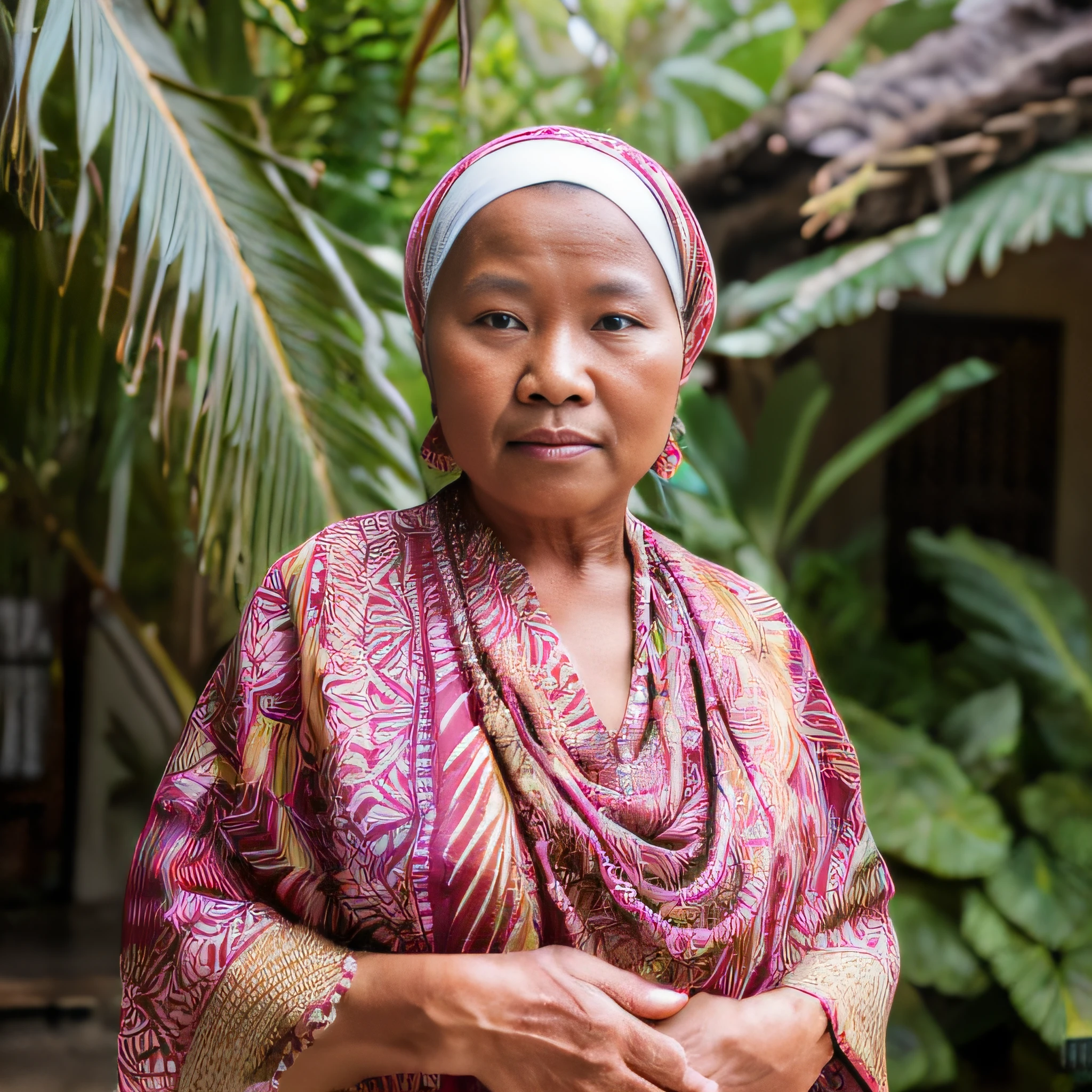 (masterpiece, best quality, RAW photography:1.4) of an old Indonesian woman, Batik, Sarong, Kebaya, Jilbab (highly detailed skin:1.2), (natural skin texture:1.2), in front of her house, plants and jungle, 8k uhd, dslr, soft lighting, high quality, film grain