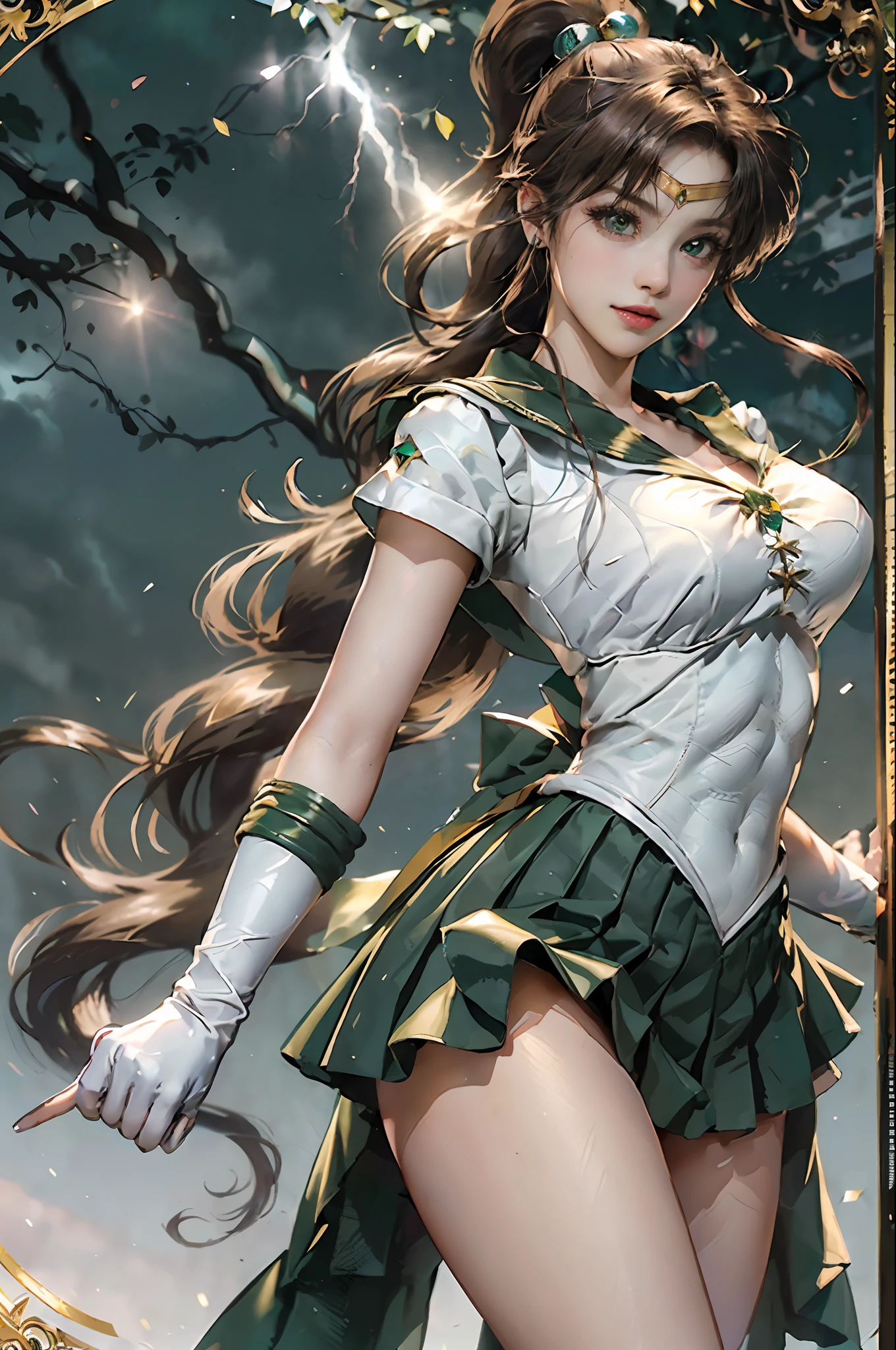Full: 1.3, stand, masterpiece, 3D, realistic, ultra-micro photo, highest quality, ultra-detailed CG Unity 8K wallpaper, ((luxurious golden tiara on the forehead: 1.4, shiny green pleated mini skirt: 1.2, green pre-gate mini skirt: 1.1, huge pink bow on the chest: 1.2, green gloves on the elbows: 1.1, green large collar, green sailor collar, green brooch)), from below, Complex details, (1 female), 20 years old, (hmjupiter, green eyes, ponytail, tiara, jewelry, sailor senshi uniform, green sailor collar, choker, elbow gloves, white gloves, pink bow, brooch, white leotard, green skirt, pleated skirt,Meixiaonfu
), ((single ponytail)), incredibly long brown hair: 1.2, shiny beautiful straight long brown hair: 1.2, Sailor Jupiter uniform, (Sailor Senshi uniform, bare upper arms: 1.1, long white latex gloves with luxurious gold decoration: 1.3, very large pink bow behind the waist: 1.1, green choker, cleavage sexily boldly large, golden ring-shaped earrings, shiny green long knee-high boots with luxurious gold decoration),, (very thin and fitting high-gloss white holographic leather: 1.3, bold and sexy slender high-leg gravette swimsuit), (((fighting stance)),
((seductive smile, very pretty face, face details: 1.5, bright green eyes, beautiful face, beautiful eyes, shiny eyes, thin lips: 1.3, thin and sharp pale eyebrows, long dark eyelashes, double eyelashes)), luxurious huge white wings, muscular muscles: 1.2, muscular abs: 1.2, small face, huge breasts, tall and perfect proportions, thin waist, sexy model pose, visible poresPerfect hand: 1.5, octane rendering, very dramatic images, strong natural light, sunlight, exquisite lighting and shadows, dynamic angle, DSLR harp, focus: 1.0, maximum clarity and sharpness, (dynamic lightning background: 1.3, thundering divinity, forest divinity, thunder space background, Jupiter, moonlight, moon, dynamic background, detailed background)