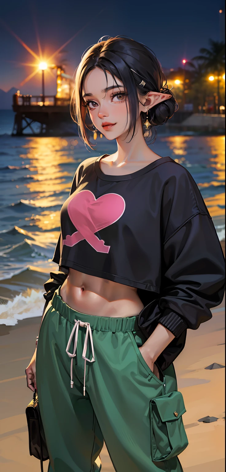 brazilian woman, dark skin, perfect brown eyes, details, elf ear, eyebrow, smiling, lips, short straight blue hair, dyed nape pink, Coolane Rhinestone Skeleton Pattern Cami Top With Sweatshirt Super Short, Dianhua Men's Cargo Pants Harem joggers in casual hip hop sweatshirt with multiple pockets, thin waist, thick legs, thick thighs, background scenery, ultra detailed rio de janeiro, beach, night light, night, beautiful night