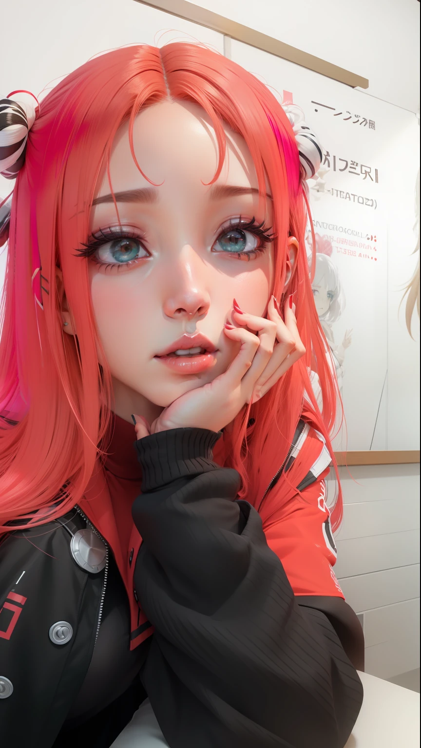 3d, ultra realista, estilo anime, cabelo rosa, boca com batom vermelho, unhas vermelhas