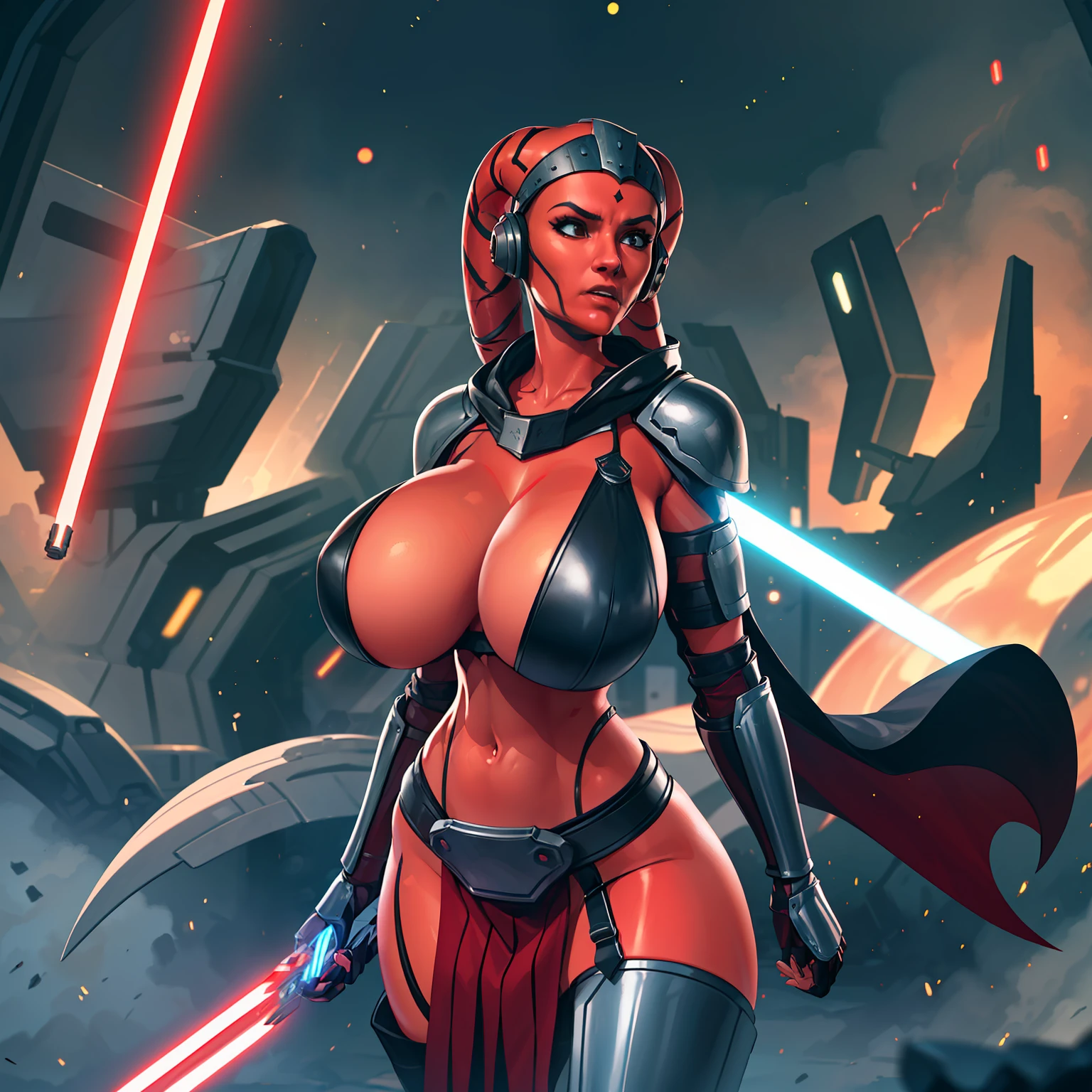 action scene, lightsaber fighting, lasers, explosions, fire, motion lines, depth of field, masterpiece, best quality, high-definition, armor, busty, ((red skin), twi'lek), dual red lightsabers, evil space knight, space ninja, (wearing black robes, black stealth armor, breastplate, tunic, tabard, cowl, cloak, body glove, straps, buckles, skirts, long sleeves, fantasy, ((armor))), ((busty), slender body, thin, slim sexy body, slim waist, (((huge breasts, gigantic breasts)))), Imperial starship, Star Wars,