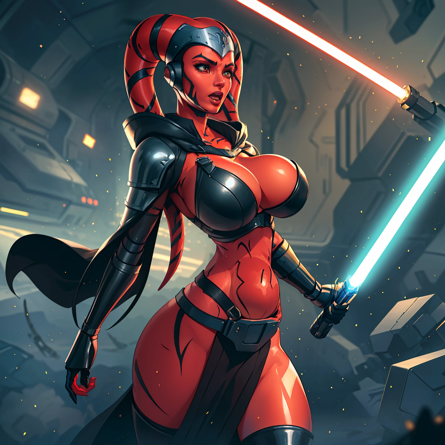 action scene, lightsaber fighting, lasers, explosions, fire, motion lines, depth of field, masterpiece, best quality, high-definition, armor, busty, ((red skin), twi'lek), dual red lightsabers, evil space knight, space ninja, (wearing black robes, black stealth armor, breastplate, tunic, tabard, cowl, cloak, body glove, straps, buckles, skirts, long sleeves, fantasy, ((armor))), ((busty), slender body, thin, slim sexy body, slim waist, (((huge breasts, gigantic breasts)))), Imperial starship, Star Wars,