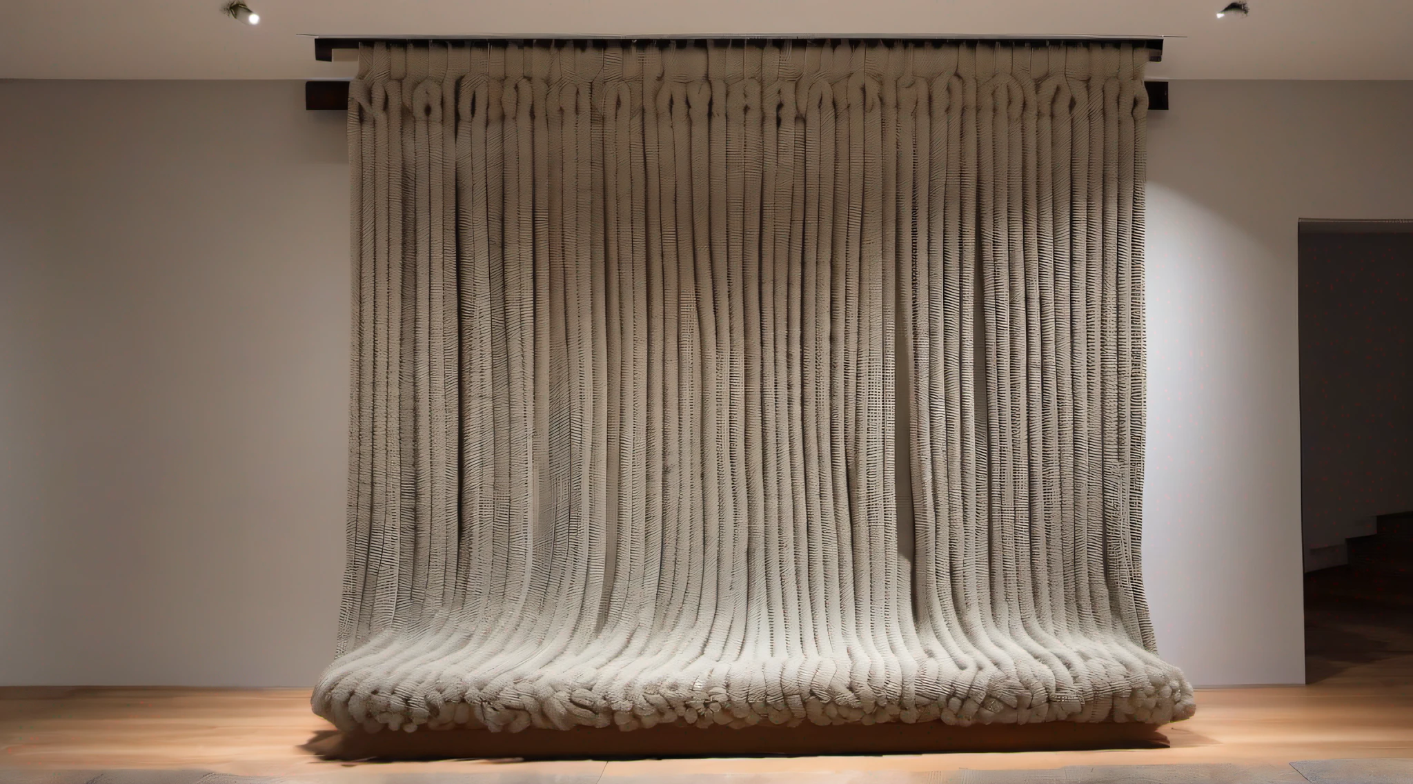 A frontal view, a night scene a exuberant large vertical cloths thick crochet ropes woven with huge knots fabrics rug art merino wool, colors cotton tube or chenille, installation in the clean wall on the minimal art gallery