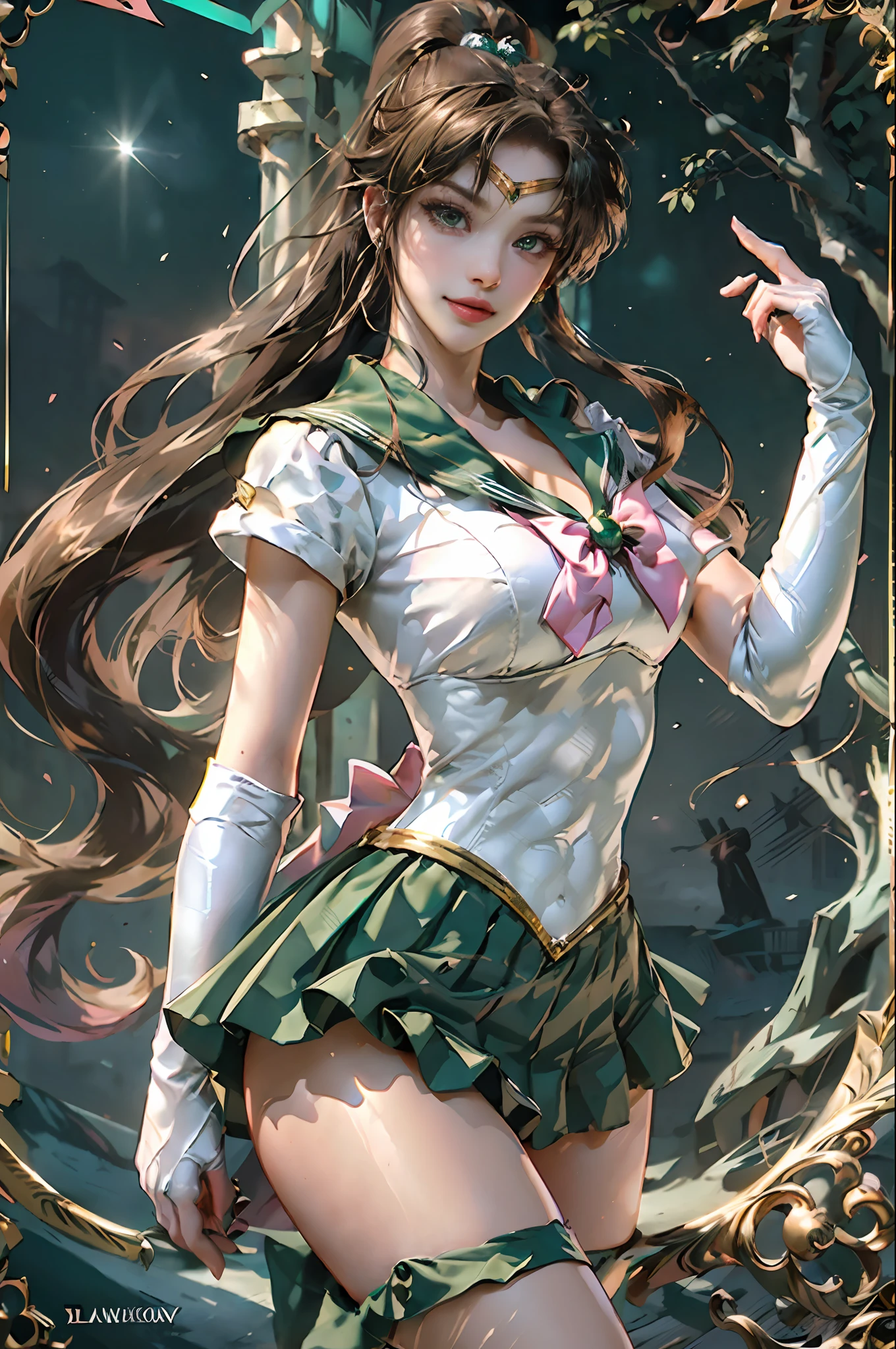 Full: 1.3, stand, masterpiece, 3D, realistic, ultra-micro photo, highest quality, ultra-detailed CG Unity 8K wallpaper, ((luxurious golden tiara on the forehead: 1.4, shiny green pleated mini skirt: 1.2, green pre-gate mini skirt: 1.1, huge pink bow on the chest: 1.2, green gloves on the elbows: 1.1, green large collar, green sailor collar, green brooch)), from below, Complex details, (1 female), 20 years old, (hmjupiter, green eyes, ponytail, tiara, jewelry, sailor senshi uniform, green sailor collar, choker, elbow gloves, white gloves, pink bow, brooch, white leotard, green skirt, pleated skirt,Meixiaonfu
), ((single ponytail)), incredibly long brown hair: 1.2, shiny beautiful straight long brown hair: 1.2, Sailor Jupiter uniform, (Sailor Senshi uniform, bare upper arms: 1.1, long white latex gloves with luxurious gold decoration: 1.3, very large pink bow behind the waist: 1.1, green choker, cleavage sexily boldly large, golden ring-shaped earrings, shiny green long knee-high boots with luxurious gold decoration),, (very thin and fitting high-gloss white holographic leather: 1.3, bold and sexy slender high-leg gravette swimsuit), (((fighting stance)),
((seductive smile, very pretty face, face details: 1.5, bright green eyes, beautiful face, beautiful eyes, shiny eyes, thin lips: 1.3, thin and sharp pale eyebrows, long dark eyelashes, double eyelashes)), luxurious huge white wings, muscular muscles: 1.2, muscular abs: 1.2, small face, huge breasts, tall and perfect proportions, thin waist, sexy model pose, visible poresPerfect hand: 1.5, octane rendering, very dramatic images, strong natural light, sunlight, exquisite lighting and shadows, dynamic angle, DSLR harp, focus: 1.0, maximum clarity and sharpness, (dynamic lightning background: 1.3, thundering divinity, forest divinity, thunder space background, Jupiter, moonlight, moon, dynamic background, detailed background)