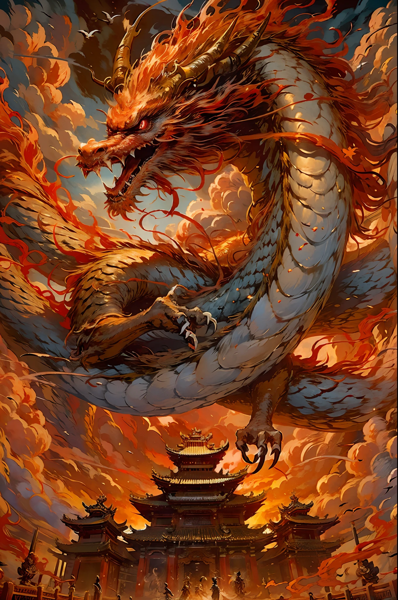 Best quality,masterpiece,ultra high res,nu no humans, (long:1.2),no humans, cloud, architecture, east asian architecture, red eyes, horns, open mouth, sky, fangs, eastern dragon, cloudy sky, teeth, flying, fire, bird, wings