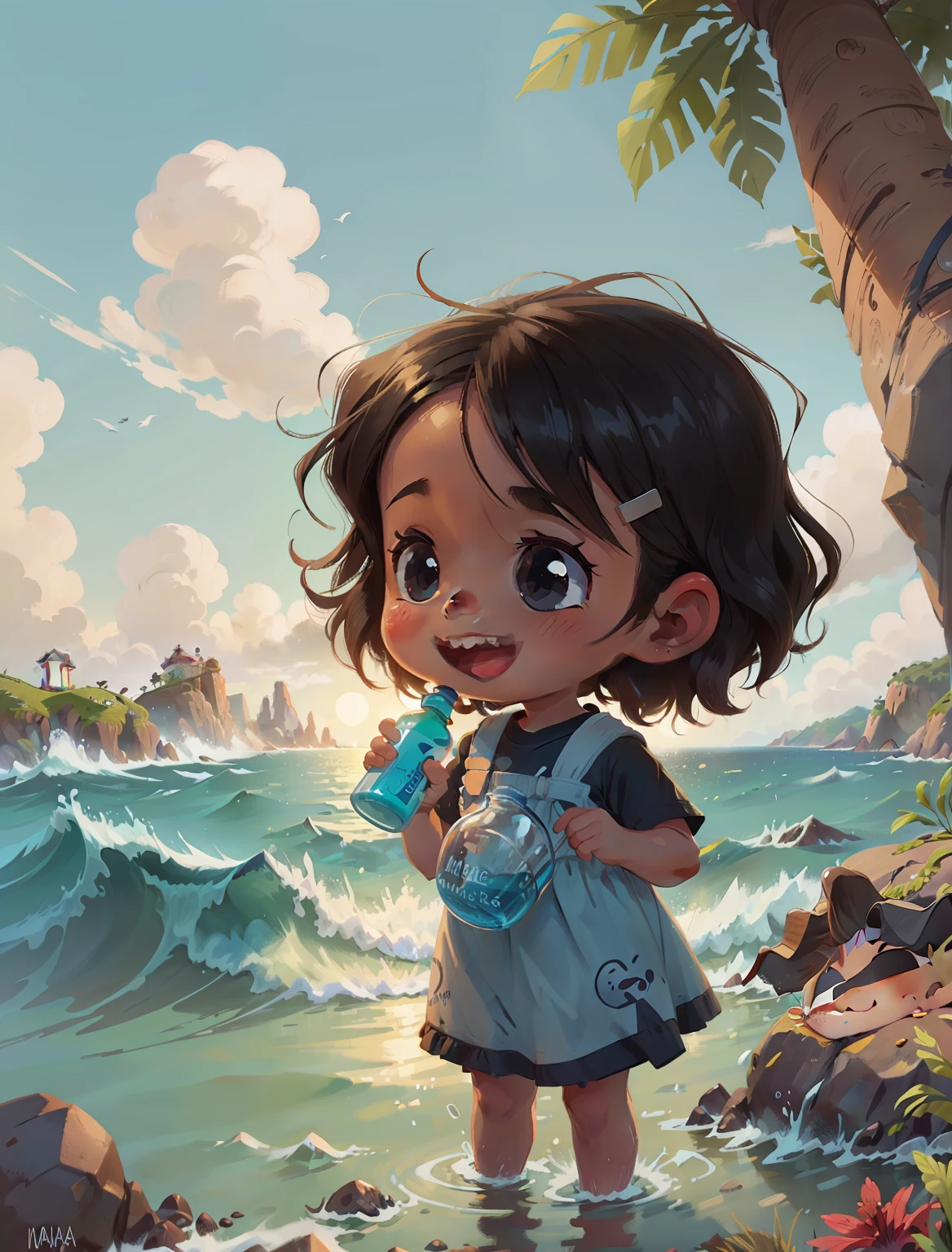 Child holding a bottle facing the sea, cabelo preto, sorrindo, agachado segurando uma garrafa de frente para o mar), imagem de fundo com mar.