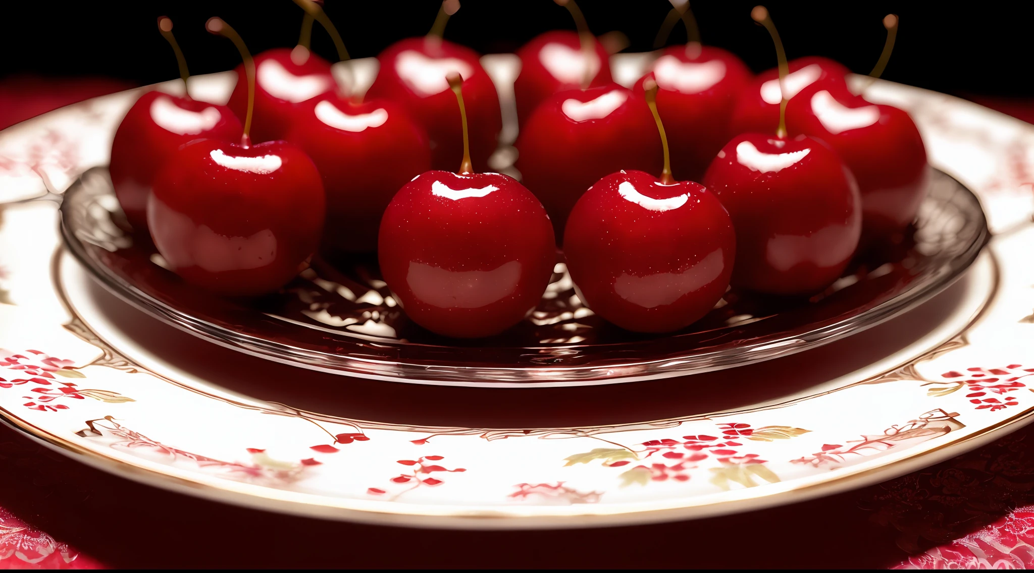 product photography of 10 cherries on a carved glass plate, intricate, epic, highly detailed, vibrant, food photography, epic rendering, octane, accent lights, (backlit: 1.3), (cinematic: 1.3), intricate details, (ArtStation: 1.3)