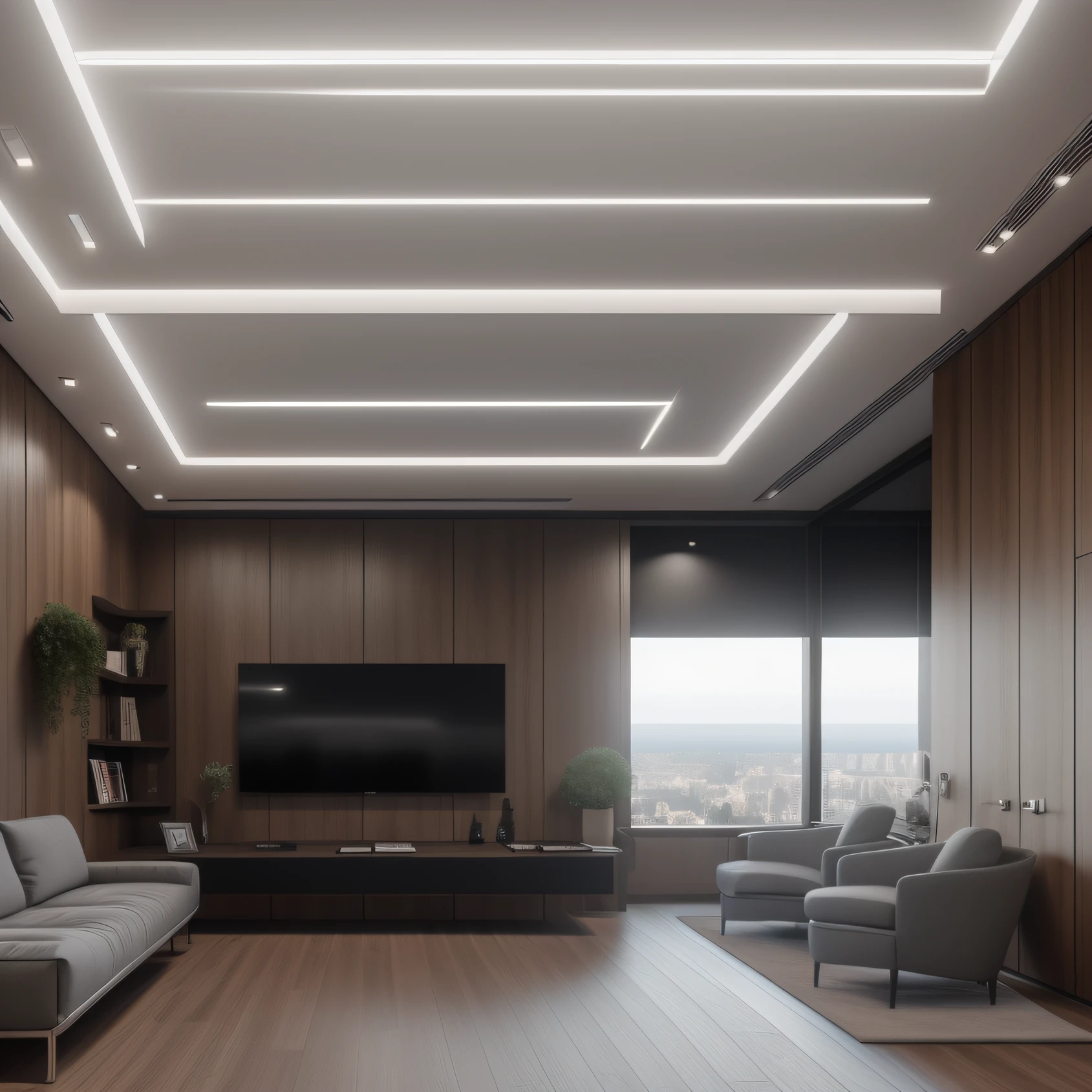 (obra-prima),(alta qualidade), melhor qualidade, real,(realista), super detalhado, (detalhe completo),(4k),8k,interior,(s office),preto, Meeting room, Focus on the wall with television, ultra qualidade, 8k