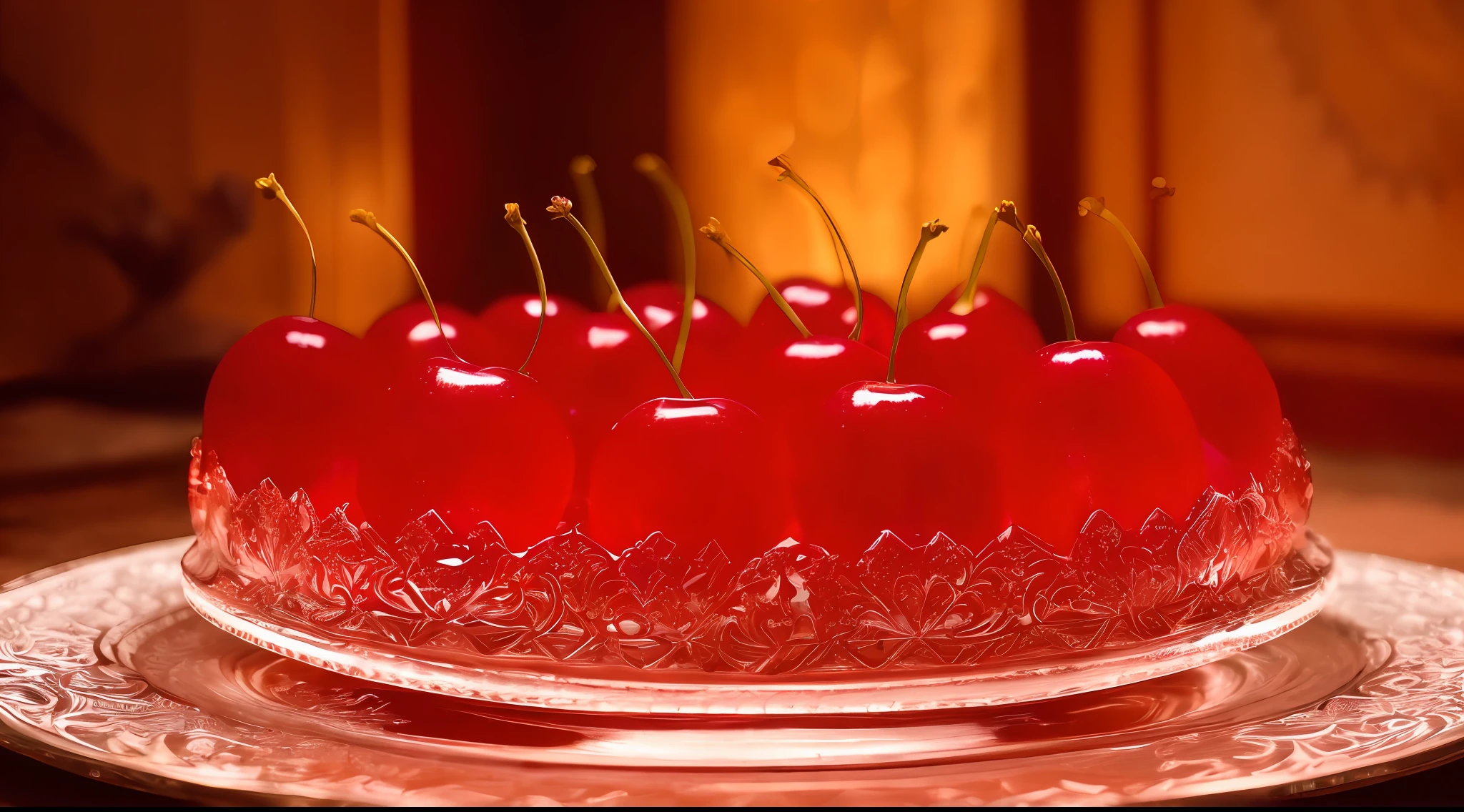 product photography of 10 cherries on a carved glass plate, intricate, epic, highly detailed, vibrant, food photography, epic rendering, octane, accent lights, (backlit: 1.3), (cinematic: 1.3), intricate details, (ArtStation: 1.3)
