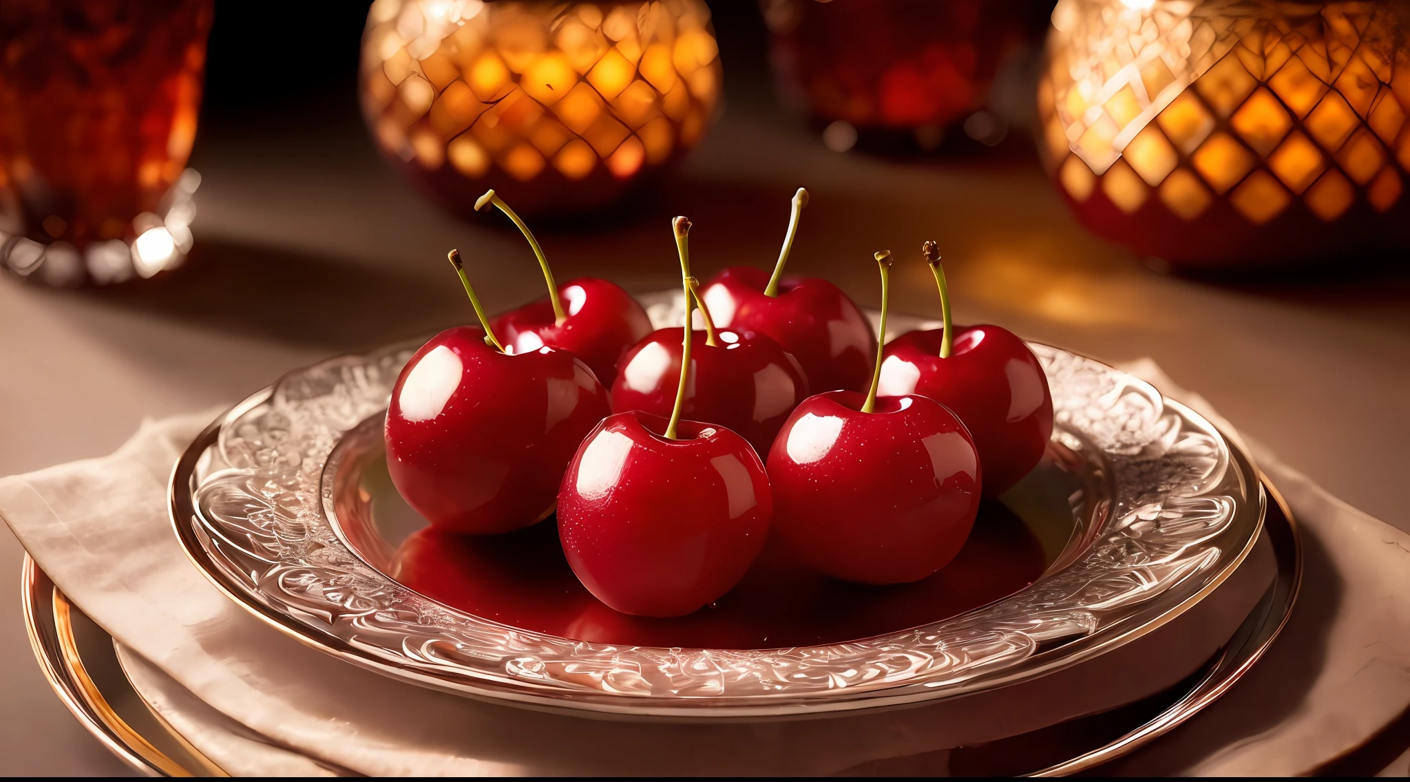 product photography of 10 cherries on a carved glass plate, intricate, epic, highly detailed, vibrant, food photography, epic rendering, octane, accent lights, (backlit: 1.3), (cinematic: 1.3), intricate details, (ArtStation: 1.3)
