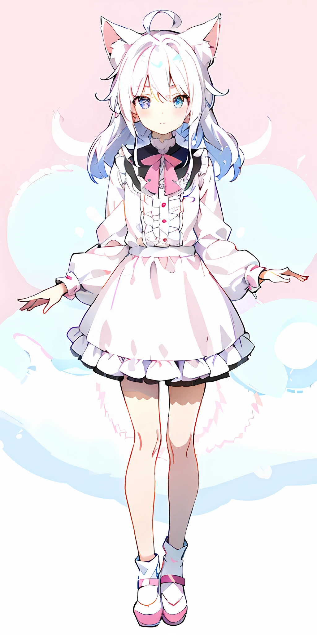 Anime girl wearing white dress,Cat ears and bow tie, cute anime waifu in a nice dress, Anime moe art style, loli in dress, anime visual of a cute girl, !!Full body portrait!!, anime full body illustration, small curvaceous loli, Rem Rezero, madoka kaname, full body portrait of a short!A girl in pink bow foundation foundation white base blue foundation dress,Du Qiong,full bodyesbian,figure portrait,architecture,quadratic element,detailedlight,Ray traching,tmasterpiece,Light,the detail,The proportions are correct,Perfectcomposition,A masterpiece,Refinement,Ray traching,Composition with infinite detail,High quality and rich details,Fair and shiny skin,