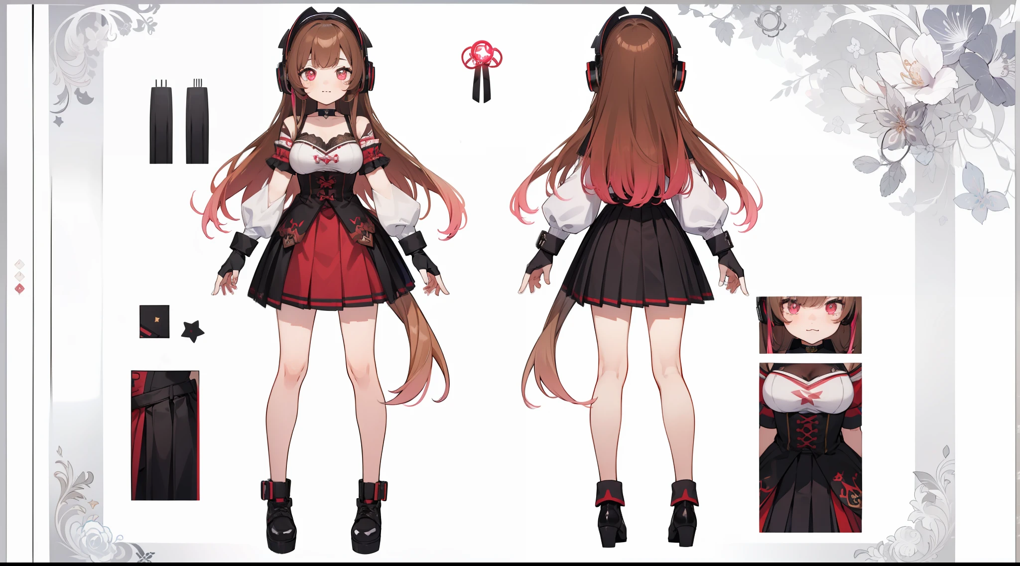 ((Masterpiece, highest quality)), detailed face, character sheet, Full body, vtuber-fullbody, full of details, multiple poses and expressions, highly detailed, depth, many parts, 1girl, girl in a skirt and headphones, :3, long hair, bangs, multicolored hair, two-tone hair, gradient hair, brown hair with pink tips, black bra, red skirt, pleated skirt, gloves, stockings, black choker, red eyes, star (symbol), symbol-shaped pupils