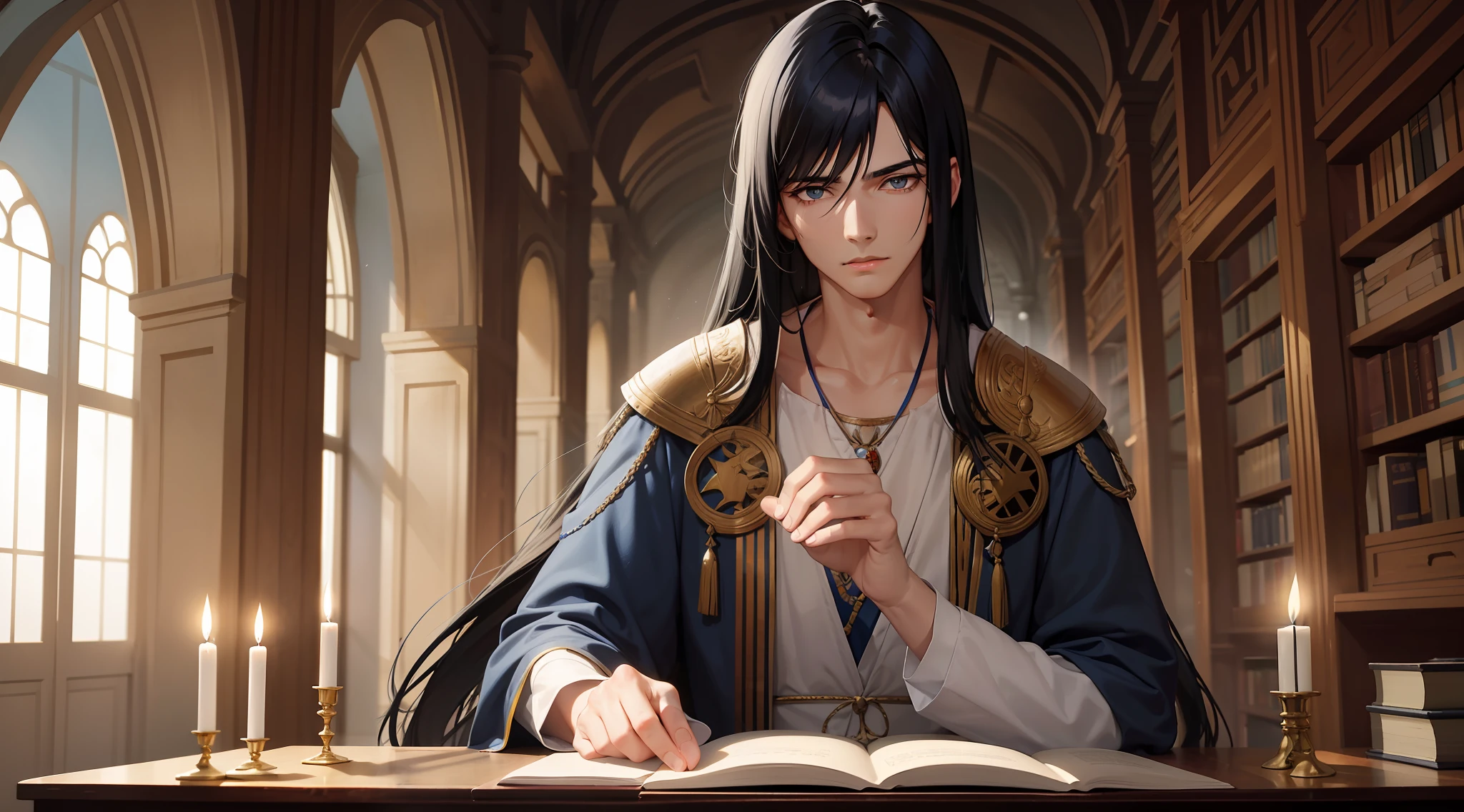 Blue-black haired man，Medium long hair，Slanted bangs block the right eye，Blue-black eyes， 19years old, Wearing his ancient Greek costume, Taught in his old library, luz de velas. hands on desk. He had no candle in his hand