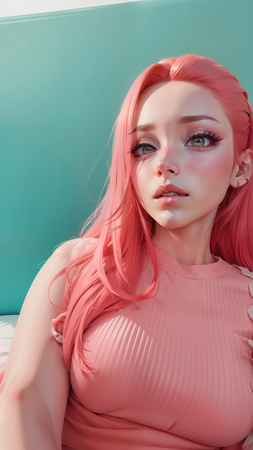 3d, ultra realista, estilo anime, cabelo rosa, boca com batom vermelho, unhas vermelhas