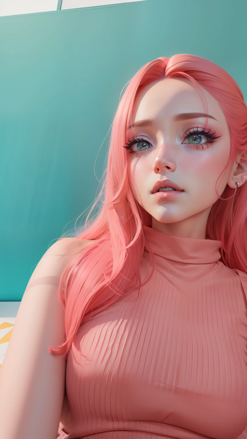 3d, ultra realista, estilo anime, cabelo rosa, boca com batom vermelho, unhas vermelhas
