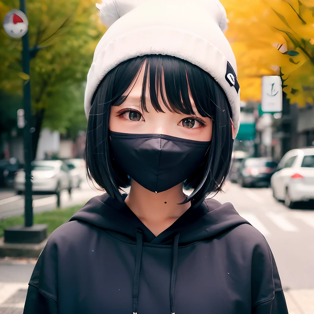 girl with olive skin, dark blue hair medium length and wispy bangs, wear black facemask black hoodie and beanie